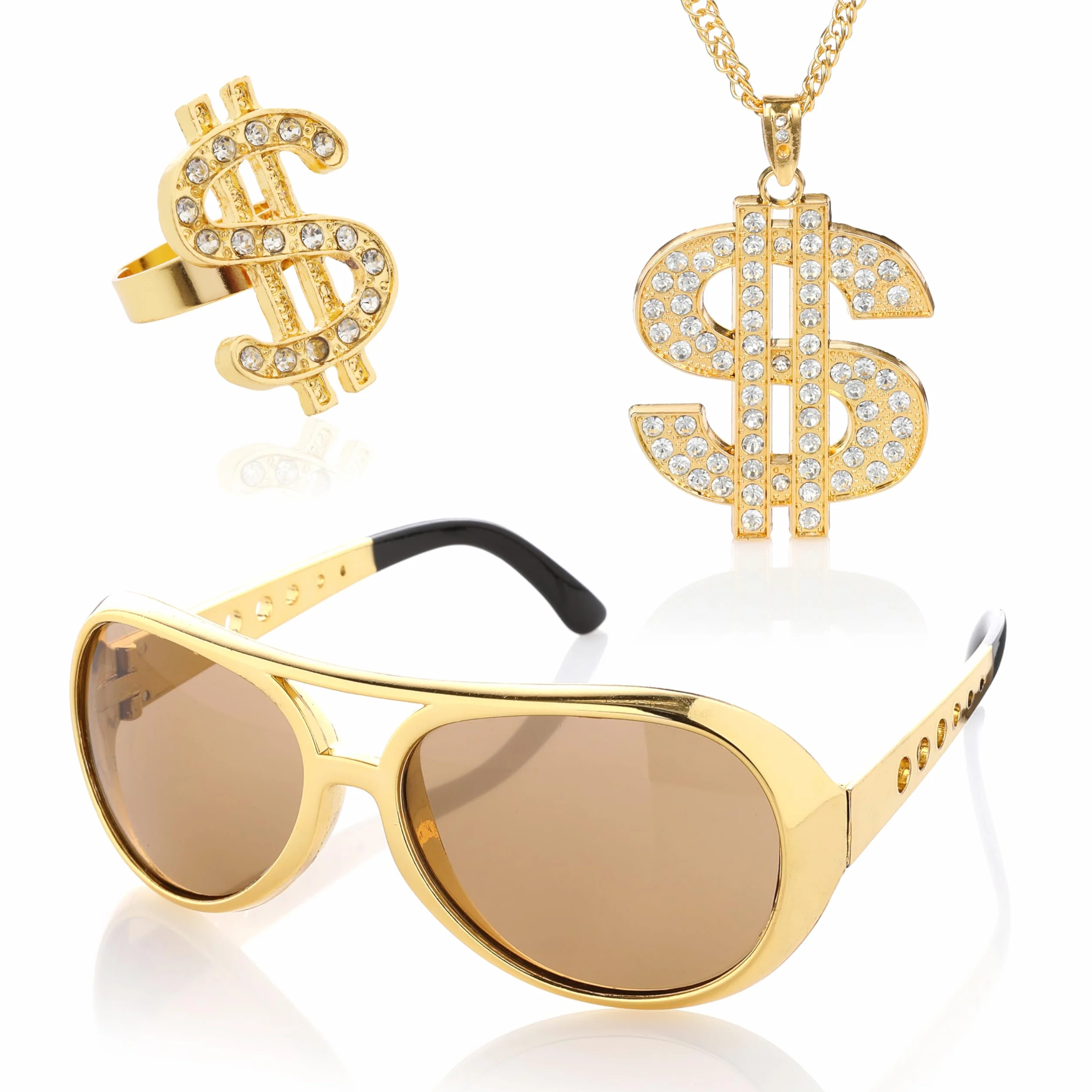 Dollar Accessoires zestaw 3 szt. - męskie akcesoria gangsterskie w stylu hip-hopowym - okulary, pierścionki i okulary przeciwsłoneczne na karnawał lub karnawał