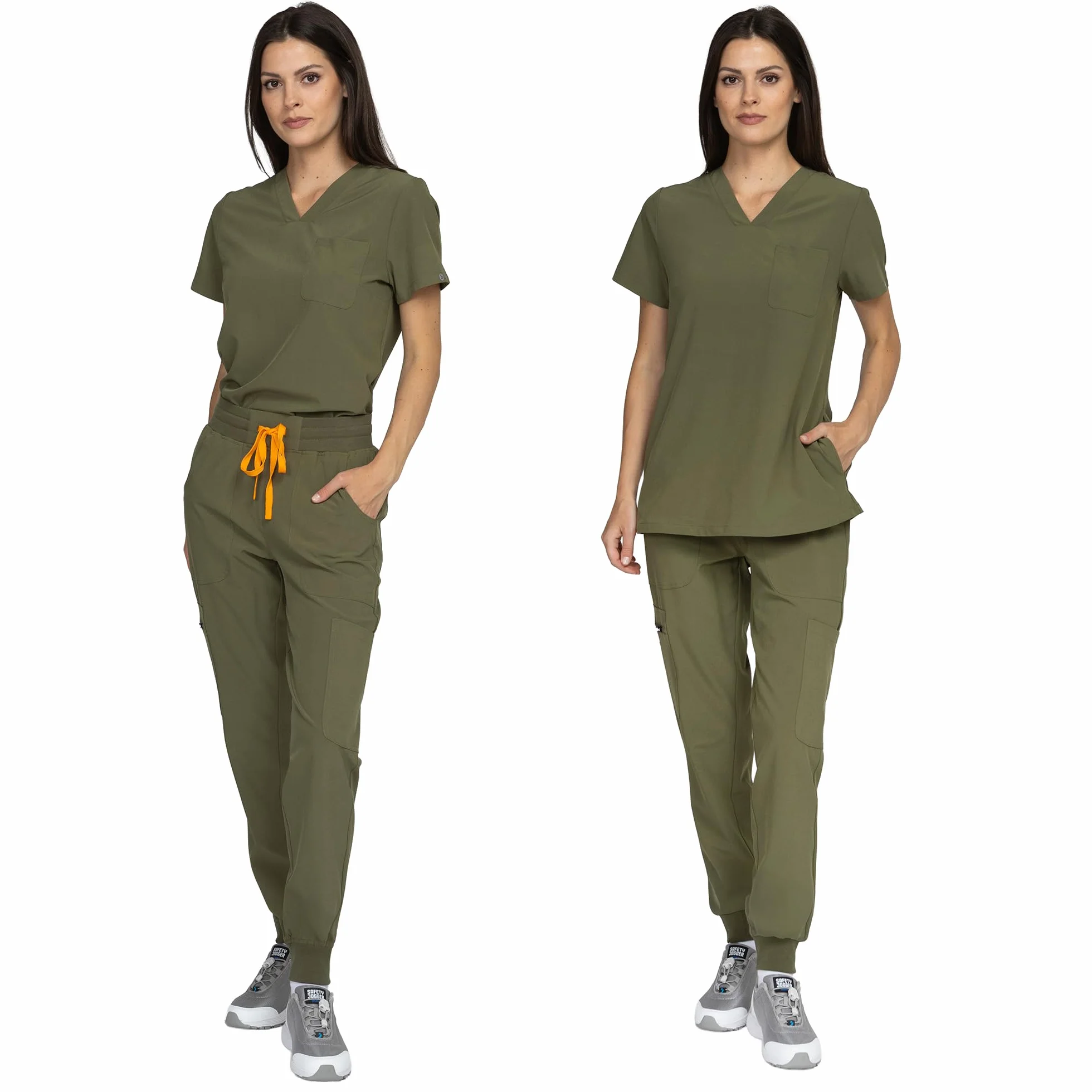 B-well Naomi Damen-Schrubb-Set Schlupfkasack + Schlupfhose Set Medizin Arzt Uniform Schlupfjacke Oberteil mit Hose Medizinische Berufsbekleidung mit Elastan (Olive, L)