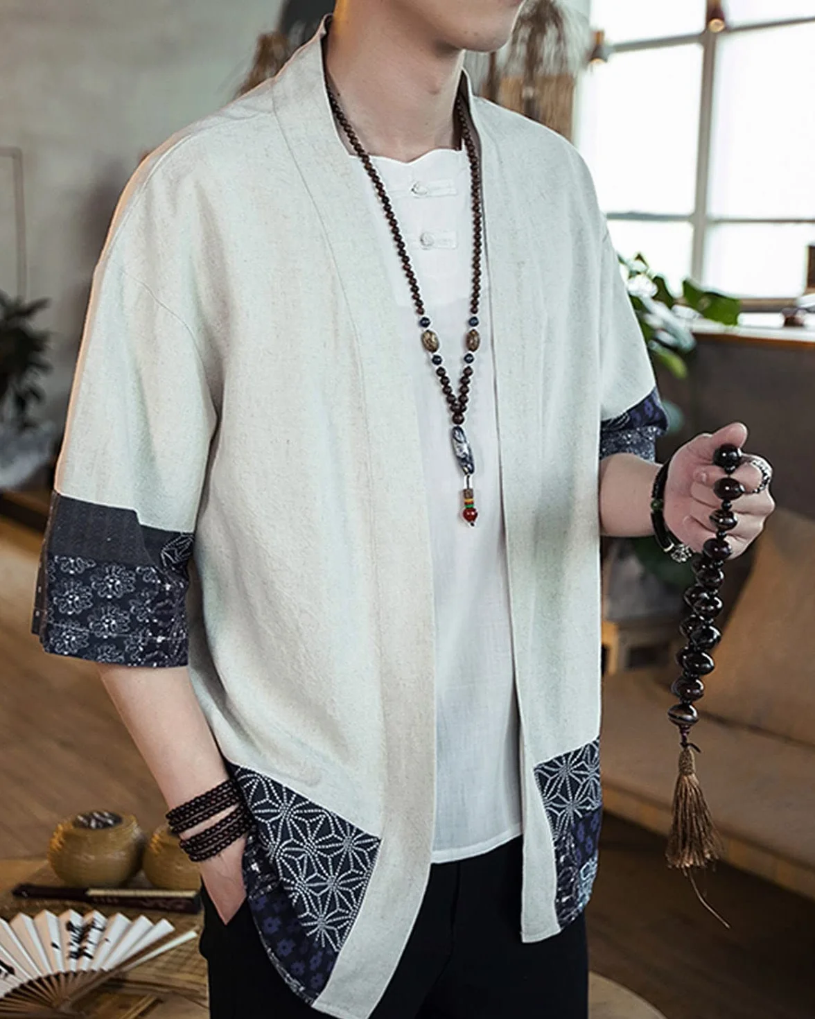 Męskie japońskie kimono kardigan luźny bawełniany len rękaw 3/4 otwarty przód na co dzień letnia koszula kurtki
