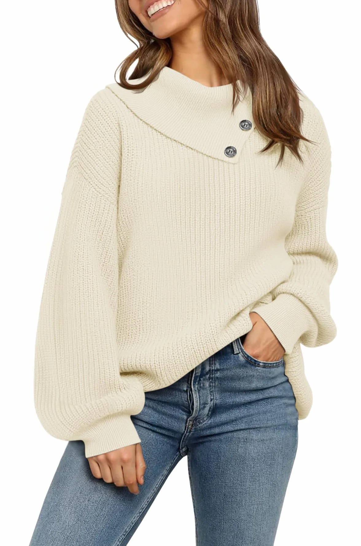 Fisoew Damski sweter z golfem, sweter z dzianiny z guzikami, luźne rękawy nietoperza, sweter casualowy, zimowy sweter