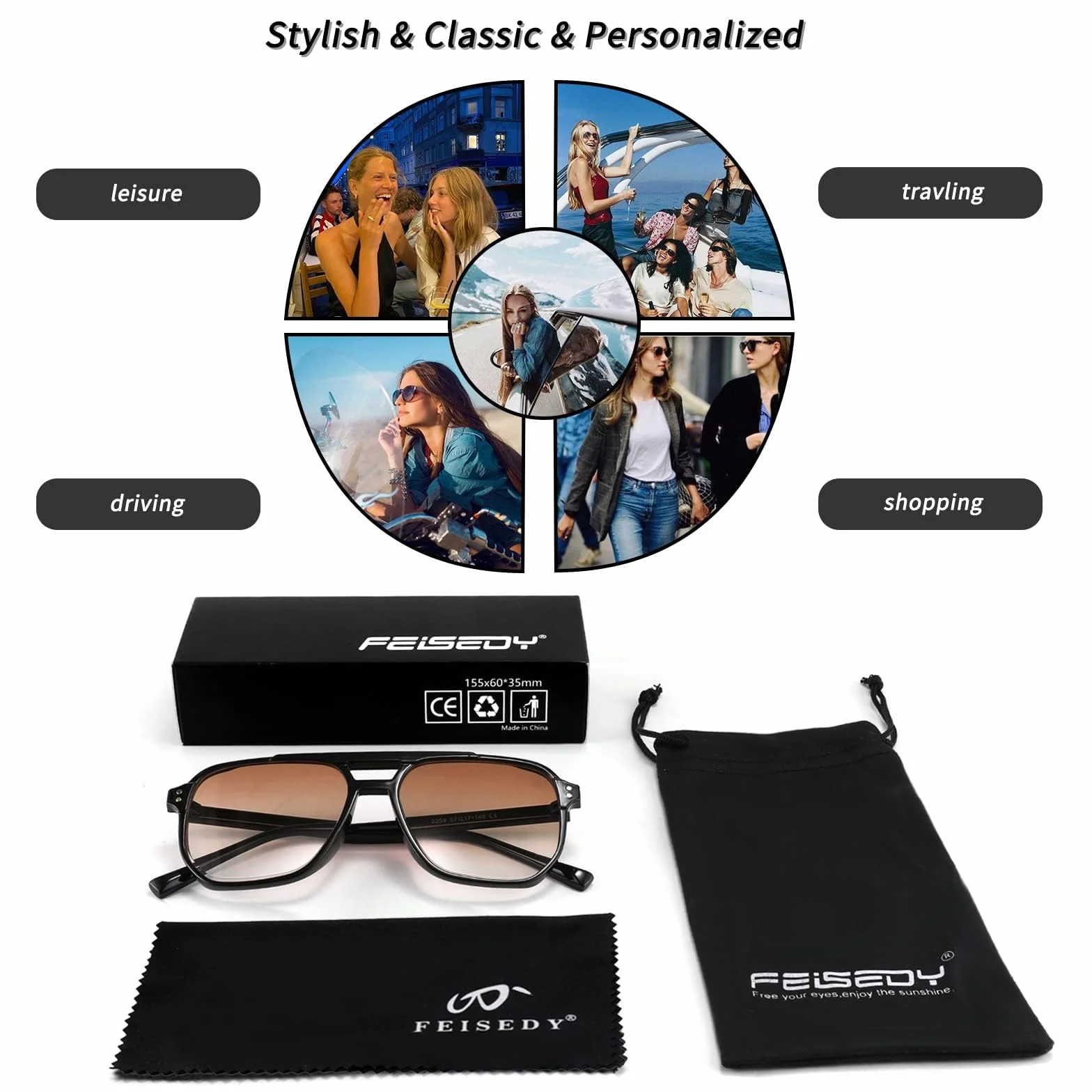 FEISEDY Retro Kwadratowe Okulary Przeciwsłoneczne Kobiety Mężczyźni 70s Vintage Modne Okulary Klasyczne z Podwójnym Mostkiem Ochrona UV400 B2835