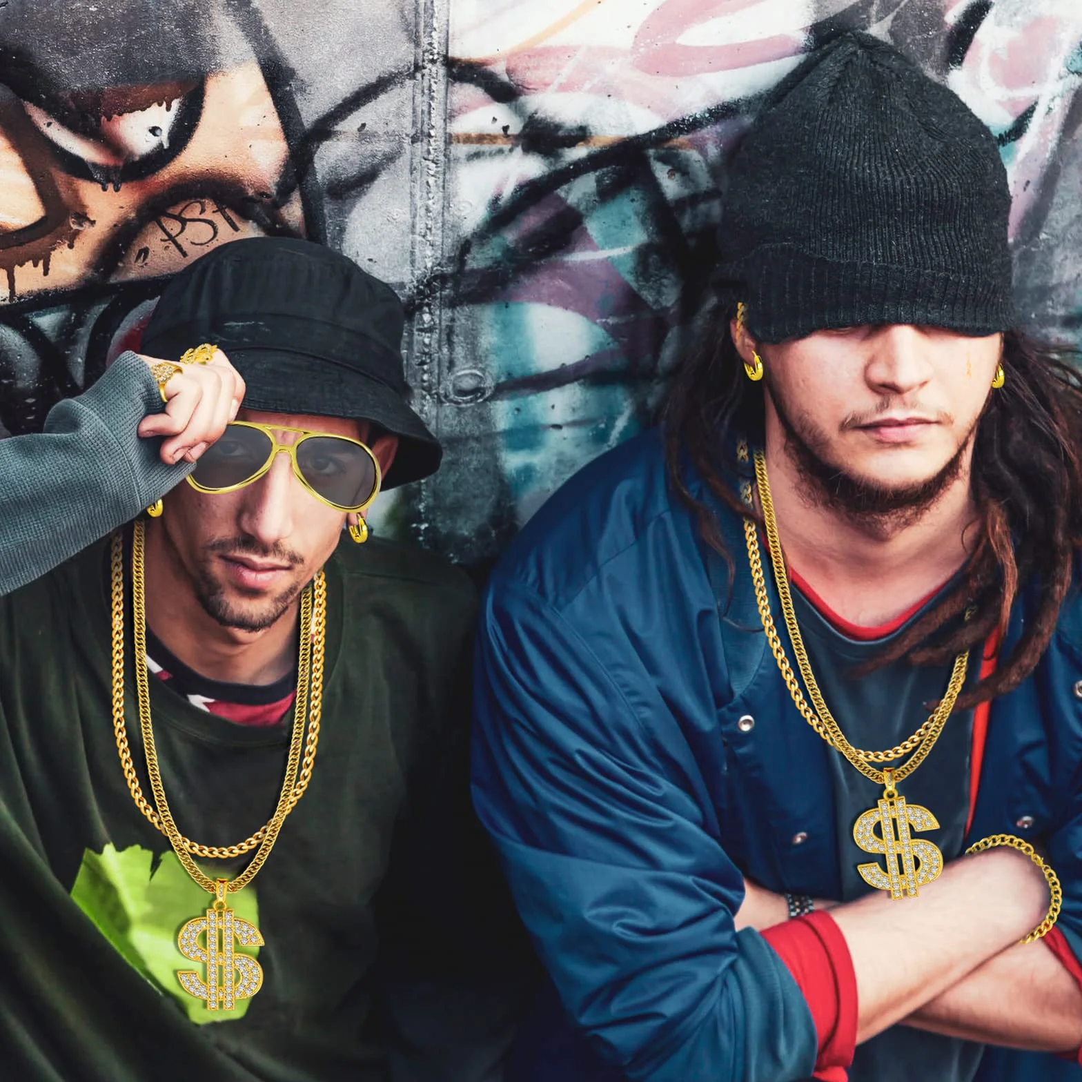 Dreamtop Dollar zestaw łańcuszków hiphopowych kostium złoty dolar wisiorek złoty łańcuszek, pierścionek, okulary przeciwsłoneczne, kapelusz rybaka w stylu lat 80-tych 90., kostium a, złoty