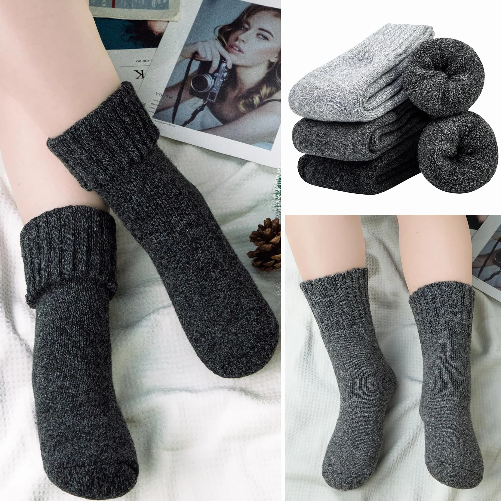 3-pak antypoślizgowych skarpet wełnianych z uchwytem, antypoślizgowe bawełniane skarpety zimowe dla mężczyzn i kobiet, grube skarpety do łóżka typu chunky slipper, antypoślizgowe skarpety z uchwytem