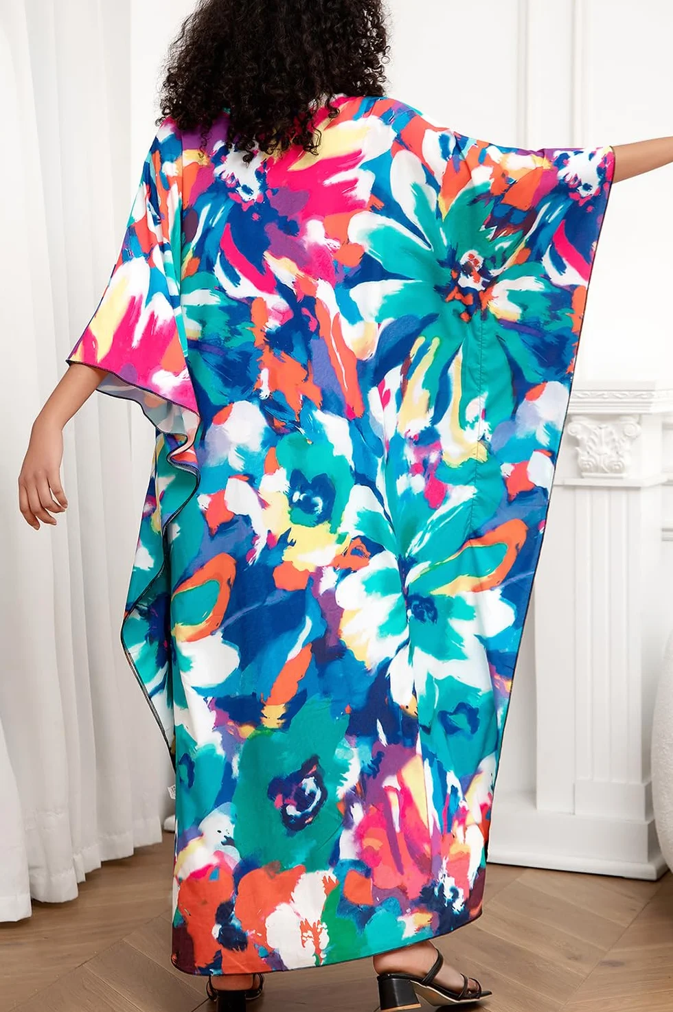 Damskie kwieciste haftowane kimono, długa letnia sukienka maxi, kaftan, na plażę, okrycie górne boho