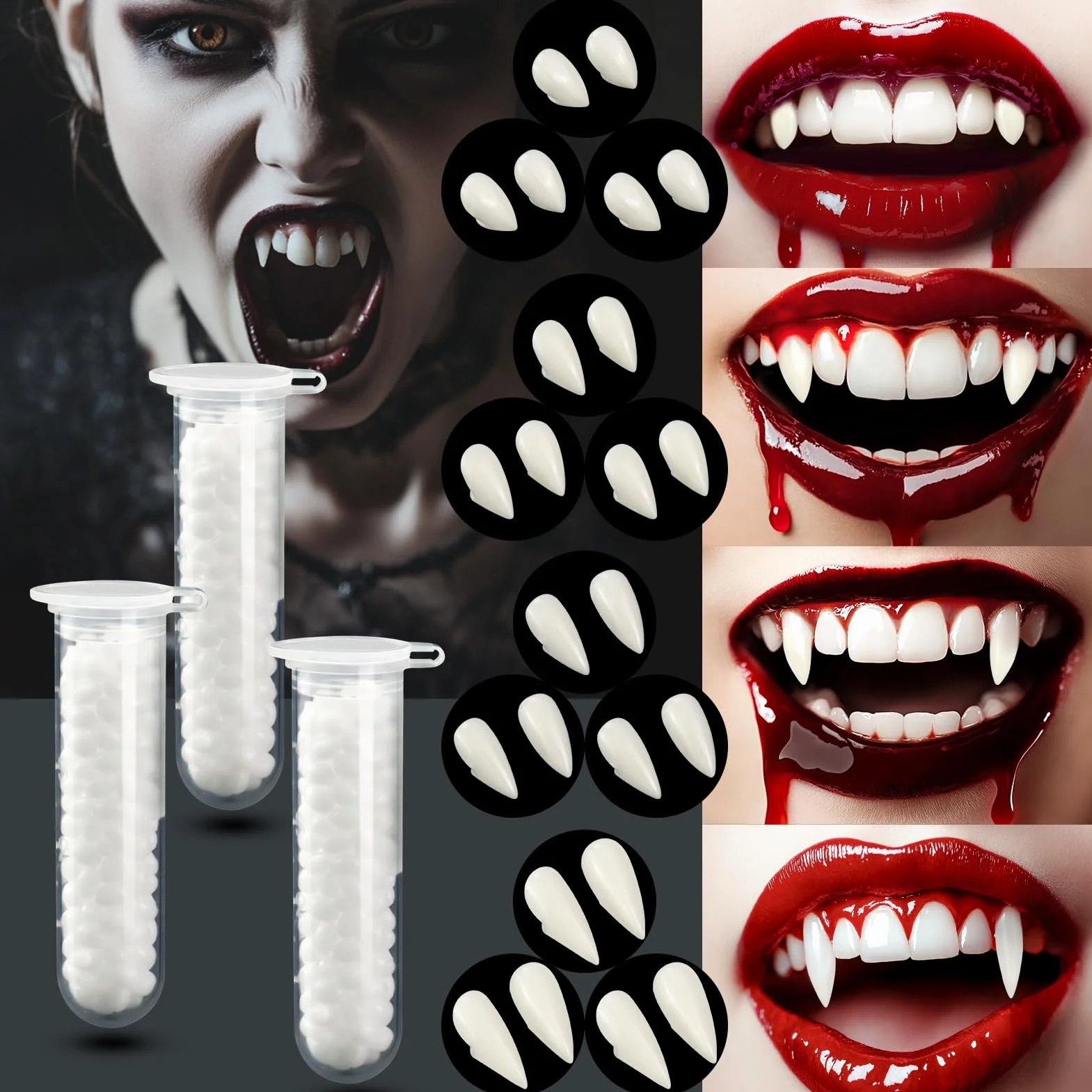 12 par zębów wampirów na Halloween, 4 rozmiary, wampiry, cosplay, pellet, klej do cosplay, rekwizyty, Halloween, demony, czarownica