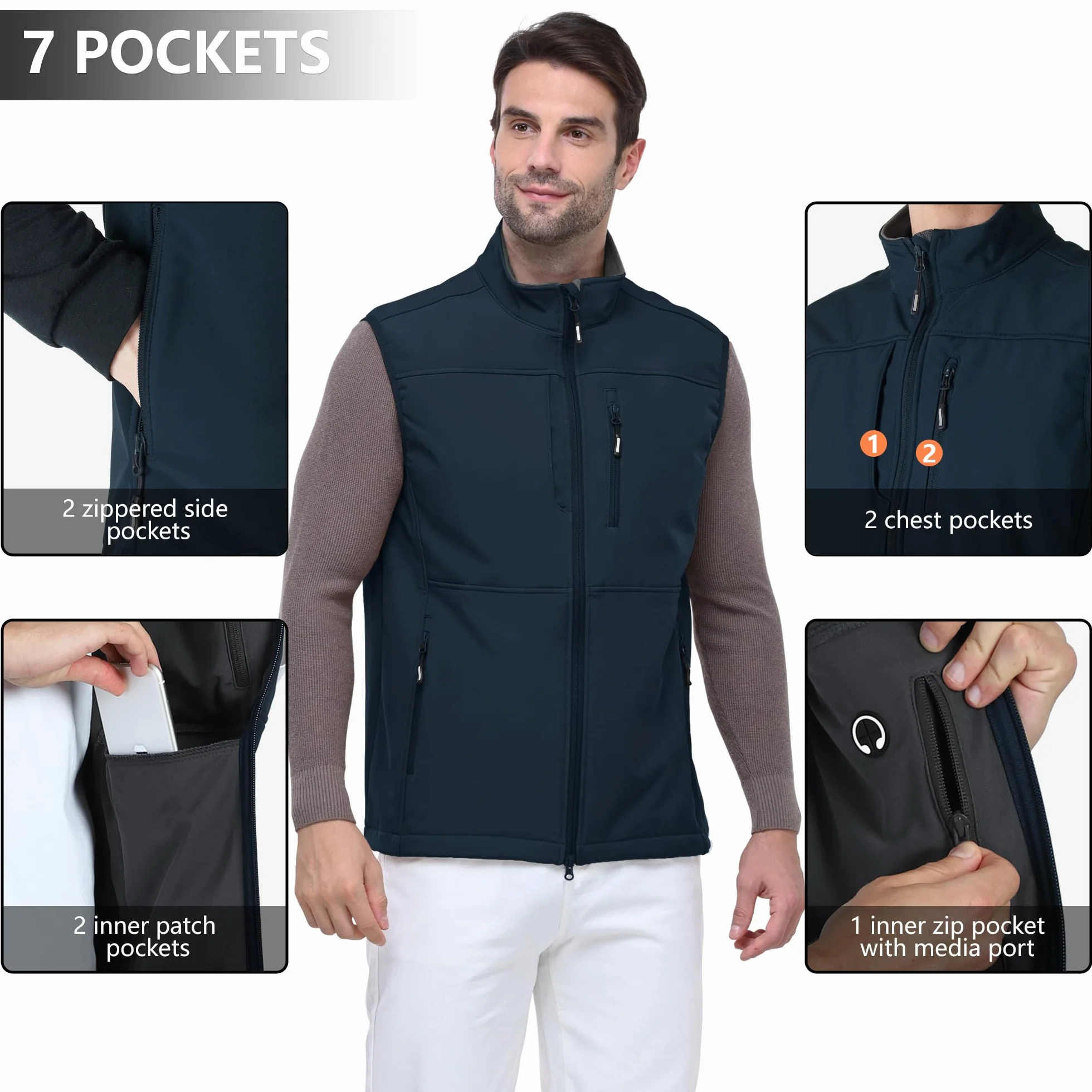 Outdoor Ventures Kamizelka softshellowa, męska, wodoszczelna, wiatroszczelna, bez rękawów, sportowa, wiele kieszeni, ciepła kamizelka golfowa, softshell dla mężczyzn