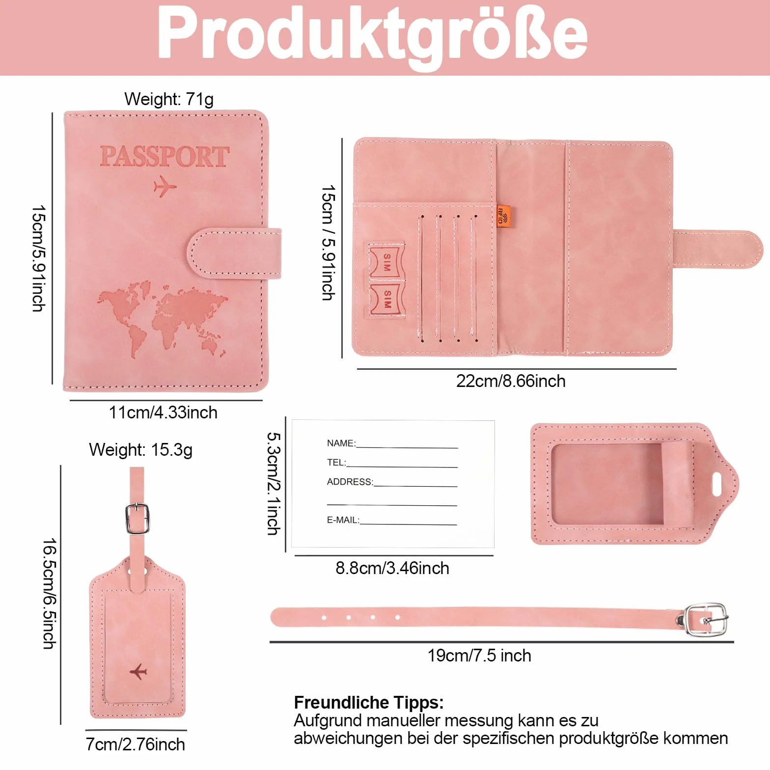 Etui na paszport Holder z zawieszką do walizki, etui na paszport 11 x 15 cm/4,33 x 5,91 cala skóra PU Blokada RFID do dokumentów podróżnych, szary + różowy., 11x15cm/4.33x5.91inch, Klasyczny