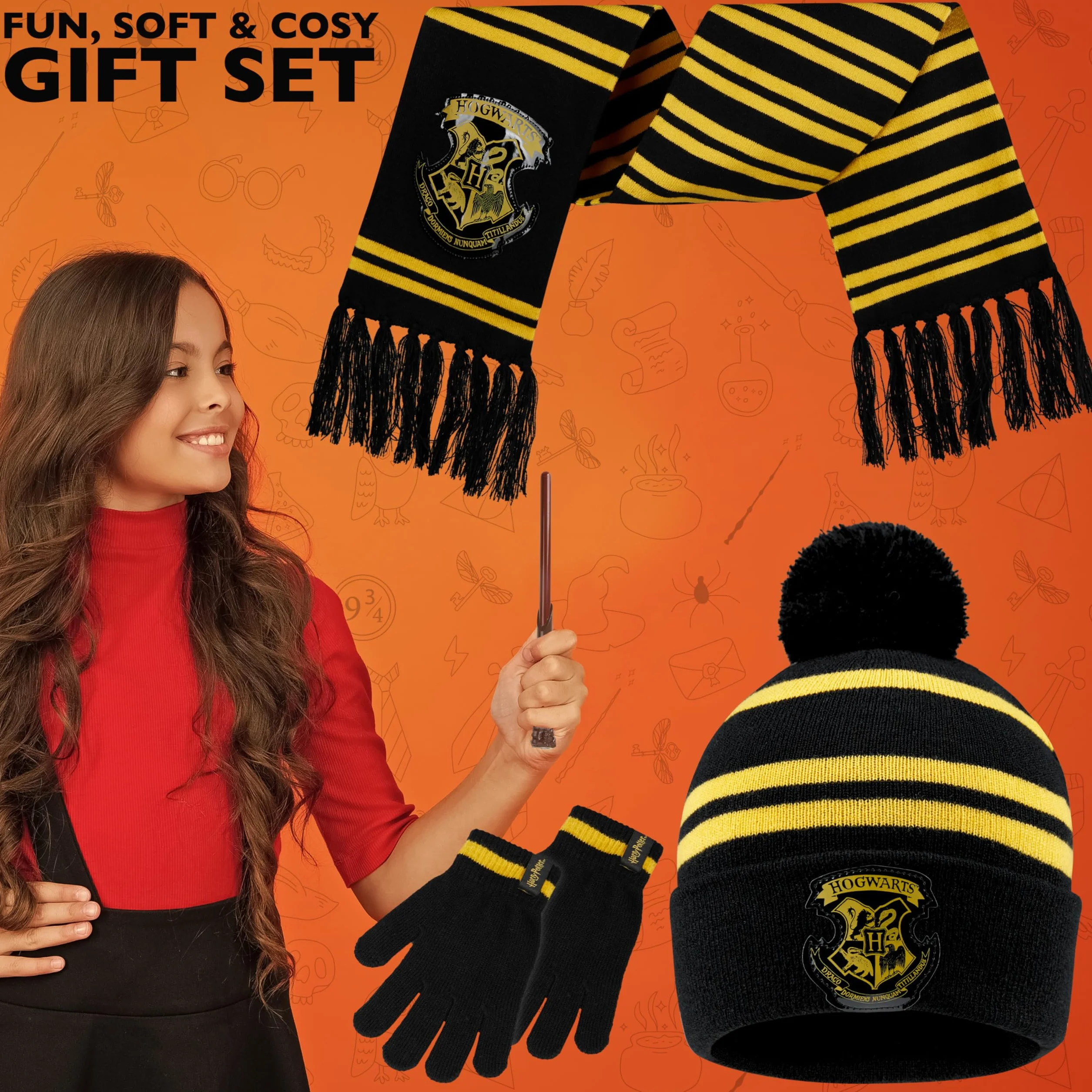 Harry Potter Zestaw zimowy 4 szt. - szalik, czapka beanie, rękawiczki, różdżka dla dzieci - akcesoria do Hogwartu, kostiumy, prezenty dla dzieci
