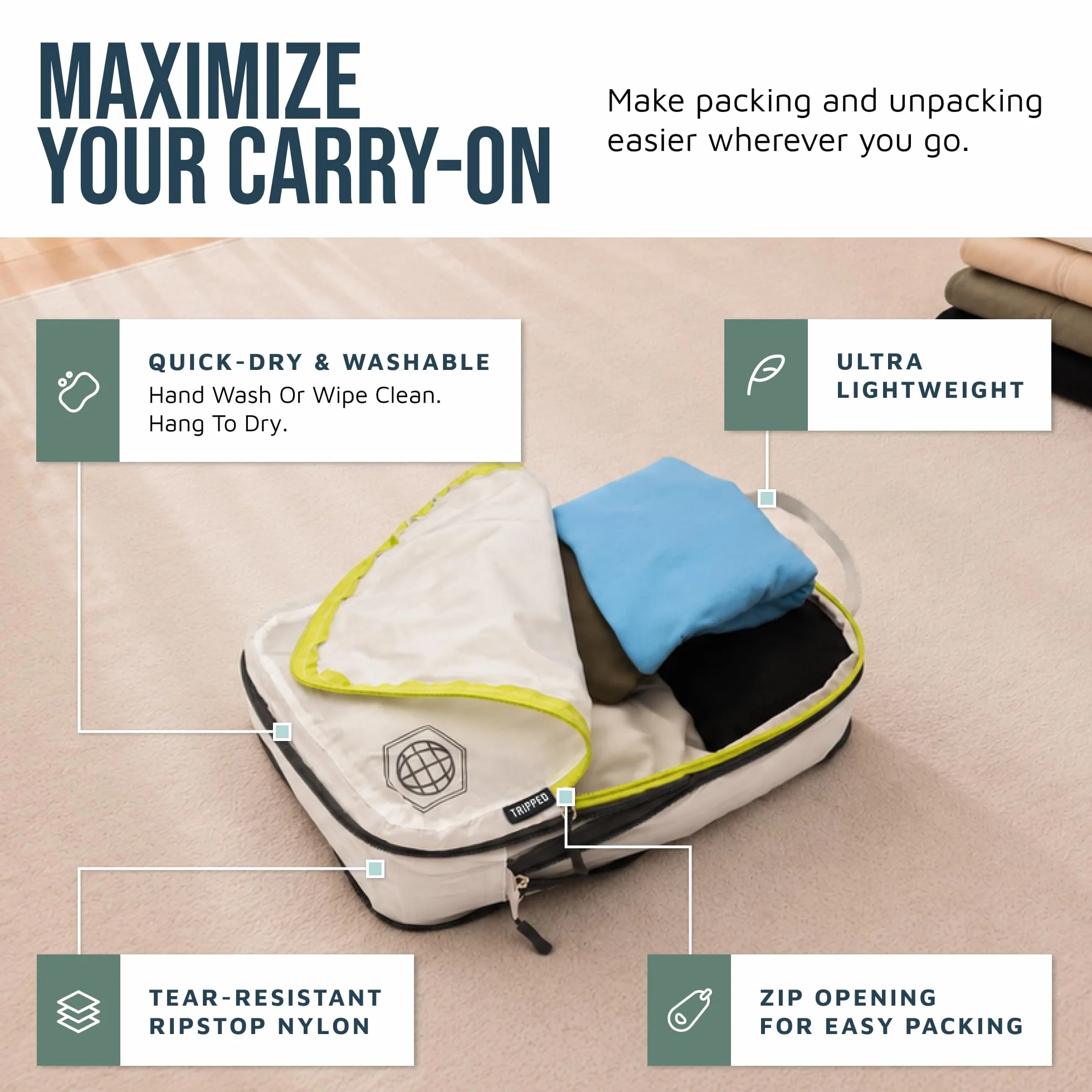TRIPPED Travel Gear 6-częściowy zestaw kompresyjnych kostek do pakowania Carryon Travel, lekkie torby bagażowe z podwójnym zamkiem błyskawicznym (białe i zielone)