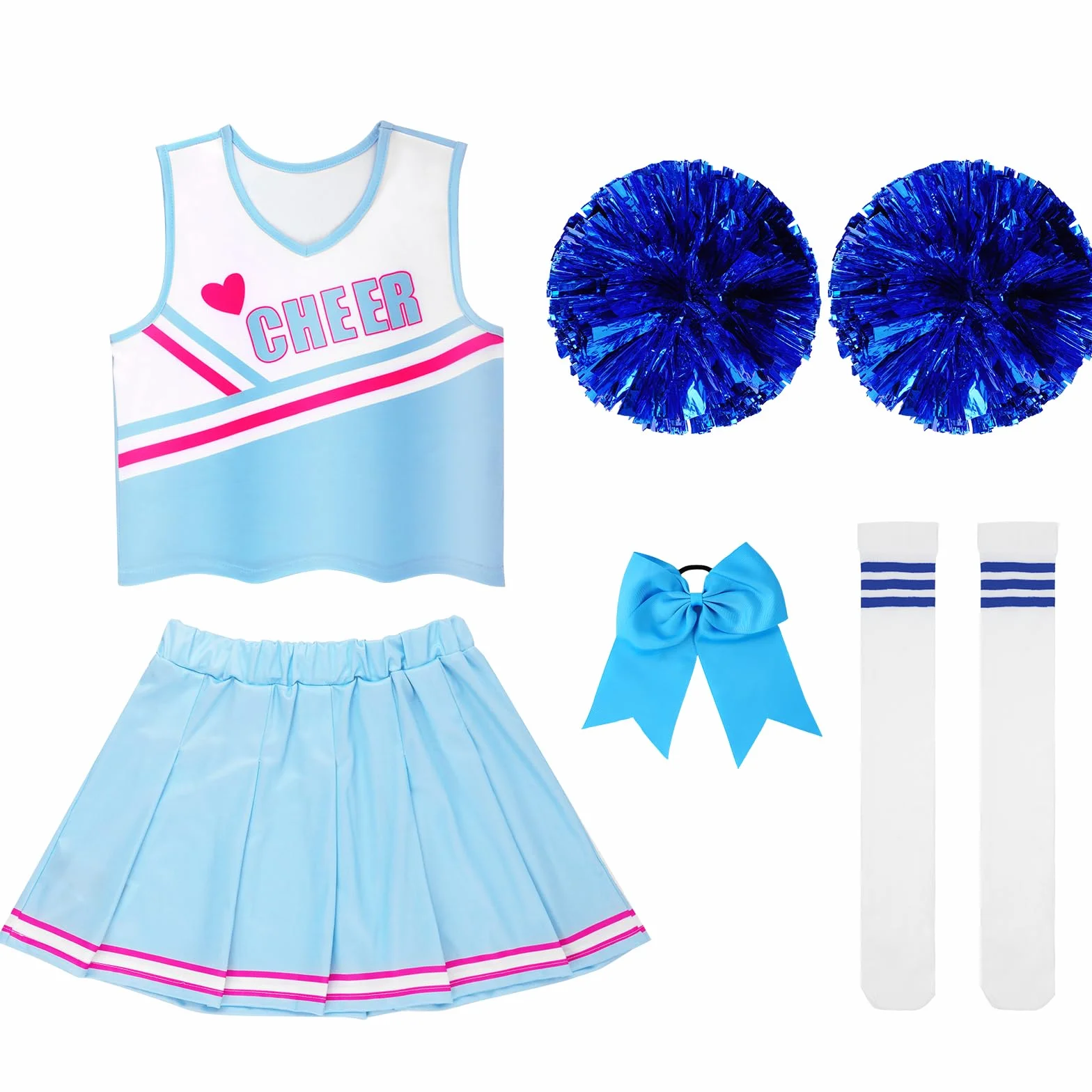 DiULi Kostium cheerleaderki dla dziewczynki, kostium cheerleaderki, klasyczny strój cheerleaderki, 5-częściowy zestaw z pomponami, bluzką, spódnicą, skarpetkami i opaską na głowę, do fantazyjnego