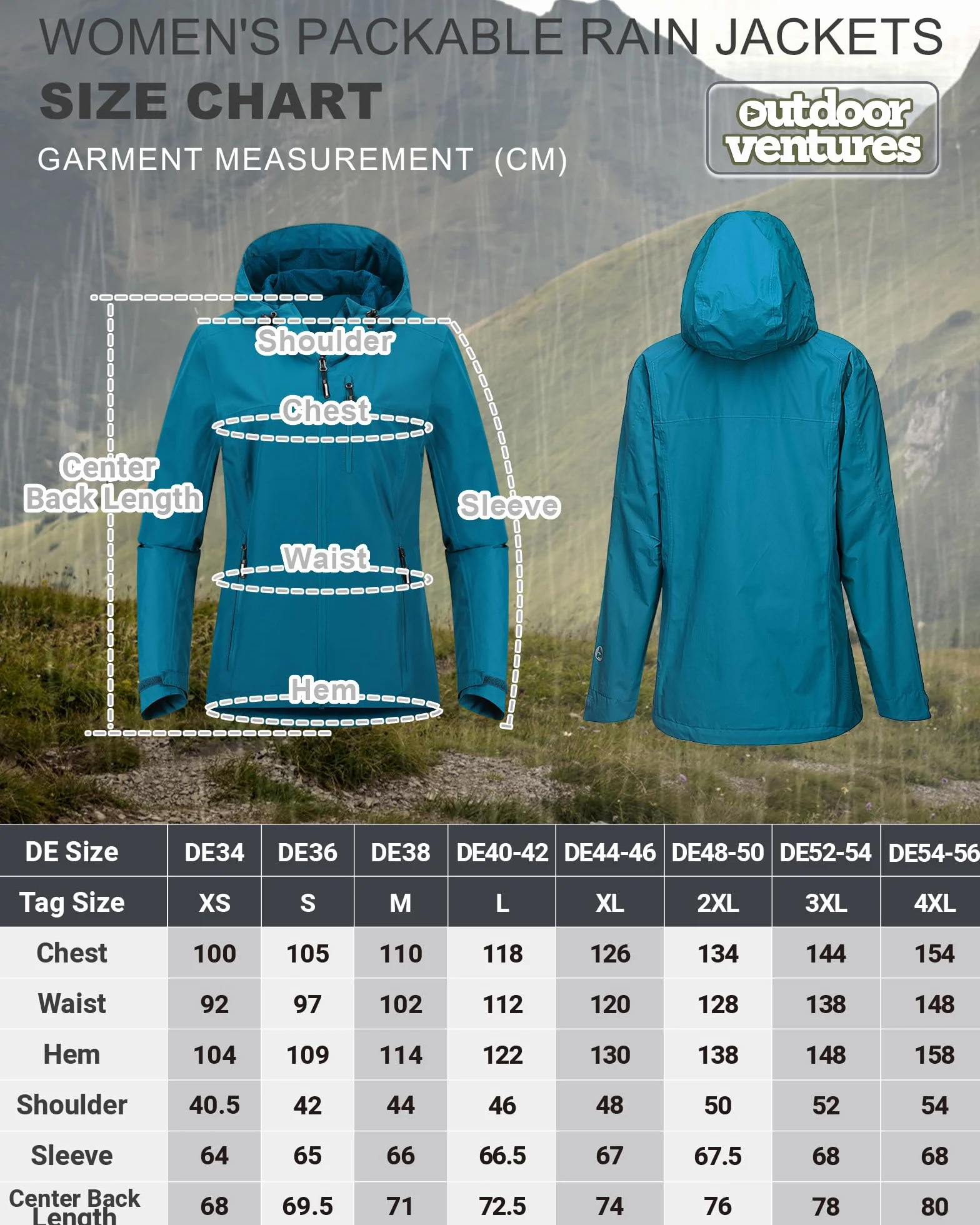 Outdoor Ventures Damska kurtka przeciwdeszczowa, 10000 mm, wodoszczelna, lekka, z podszewką, do pakowania, kurtka sportowa, funkcyjna, oddychająca kurtka rowerowa z kapturem
