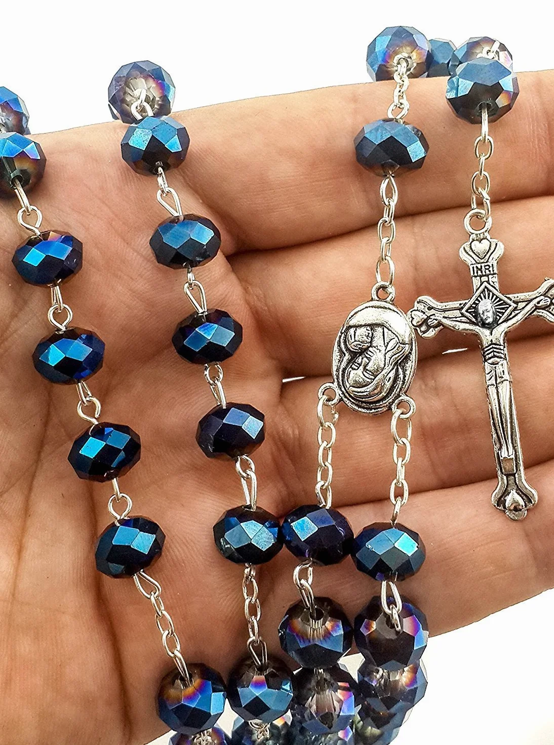 Głębokoniebieskie kryształowe koraliki naszyjnik różaniec modlitwa katolicka jerozolima medal ziemi świętej krzyż ziemia święta antyczne różańce religijne kolekcja koralików