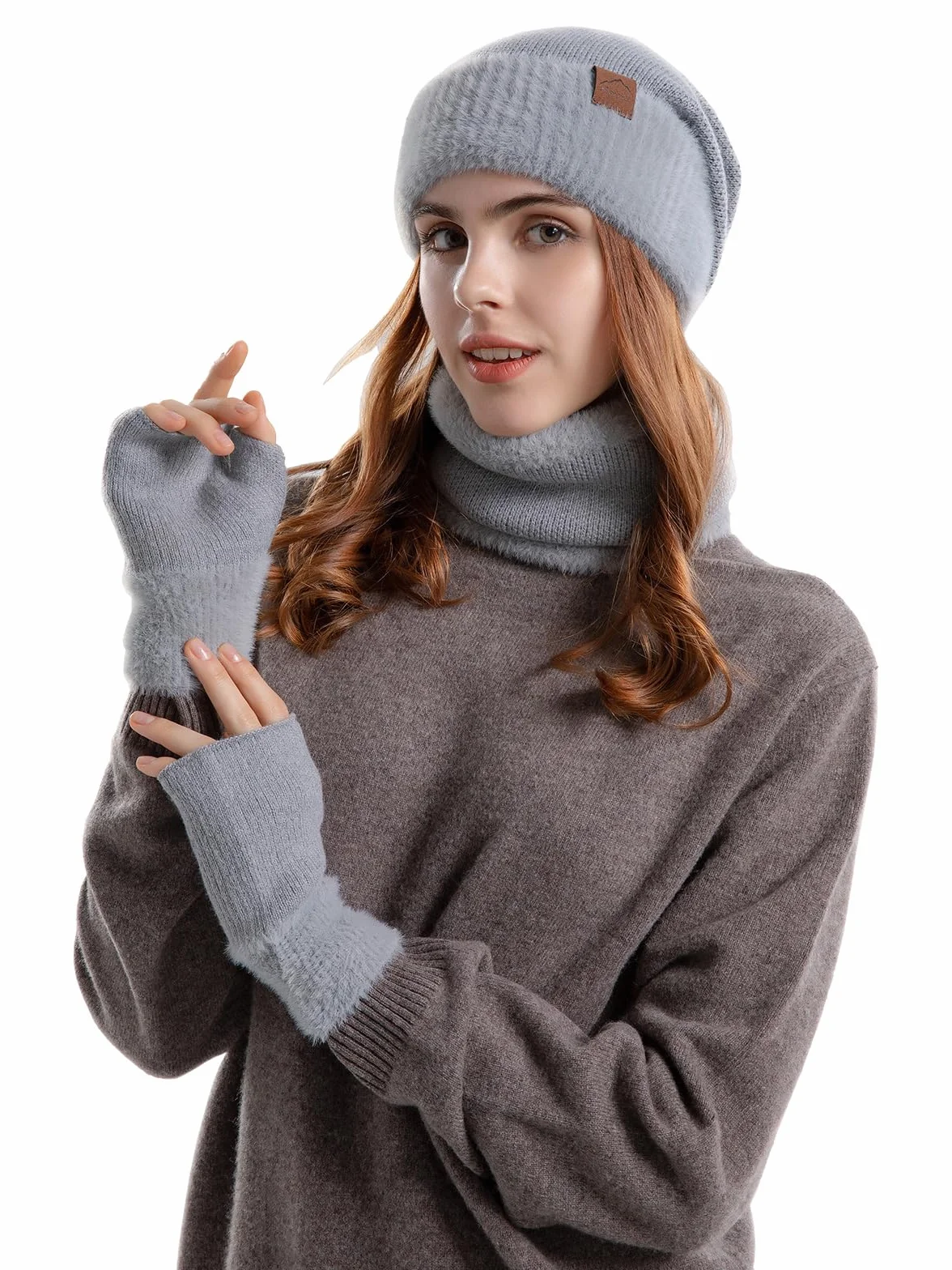 Zestaw czapek i szalików dla kobiet z podszewką polarową, czapka, szalik i rękawiczki, zestaw damski, 3 w 1, termiczna dzianinowa czapka beanie, ocieplacz na szyję, rękawiczki bez palców, dla
