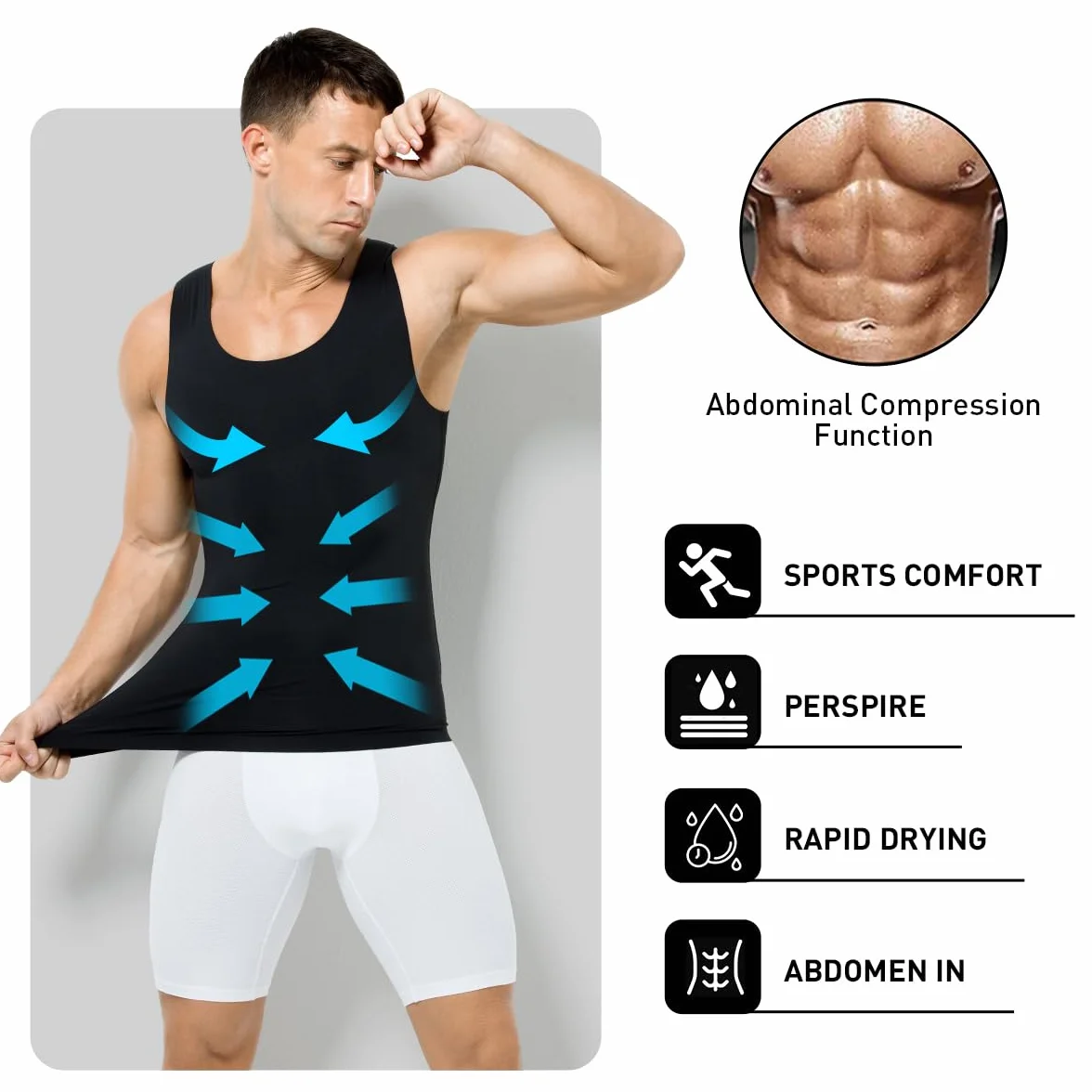 Casey Kevin Shapewear męska koszulka kompresyjna, tank top, wyszczuplający brzuch, bielizna kompresyjna, wyszczuplający brzuch, bez rękawów, koszulka kompresyjna, podkoszulek dla mężczyzn