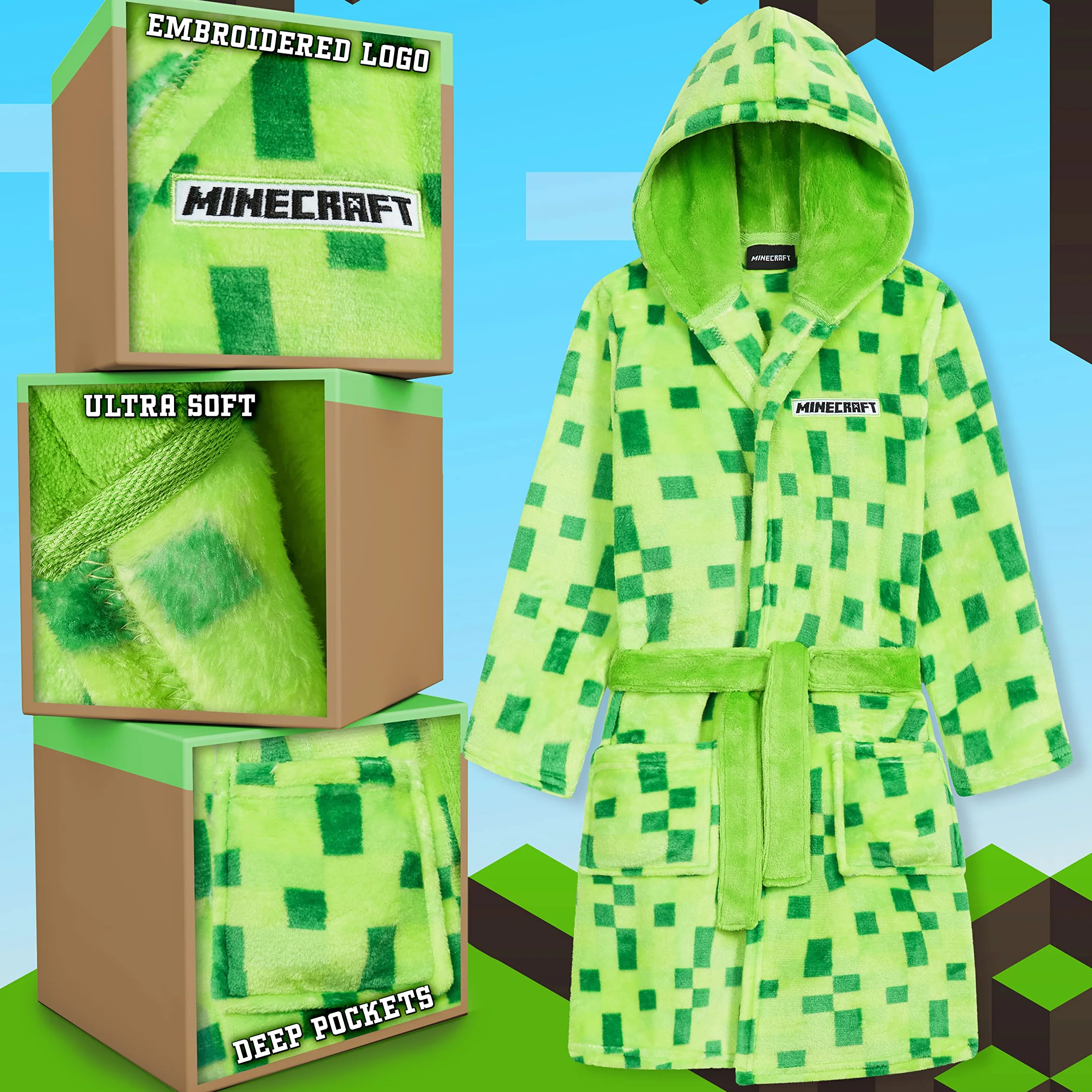 Minecraft Szlafrok dla chłopców, polarowy szlafrok z pikselami dla graczy, 5-14 lat, oficjalny towar, prezenty dla dzieci i nastolatków na urodziny i Boże Narodzenie