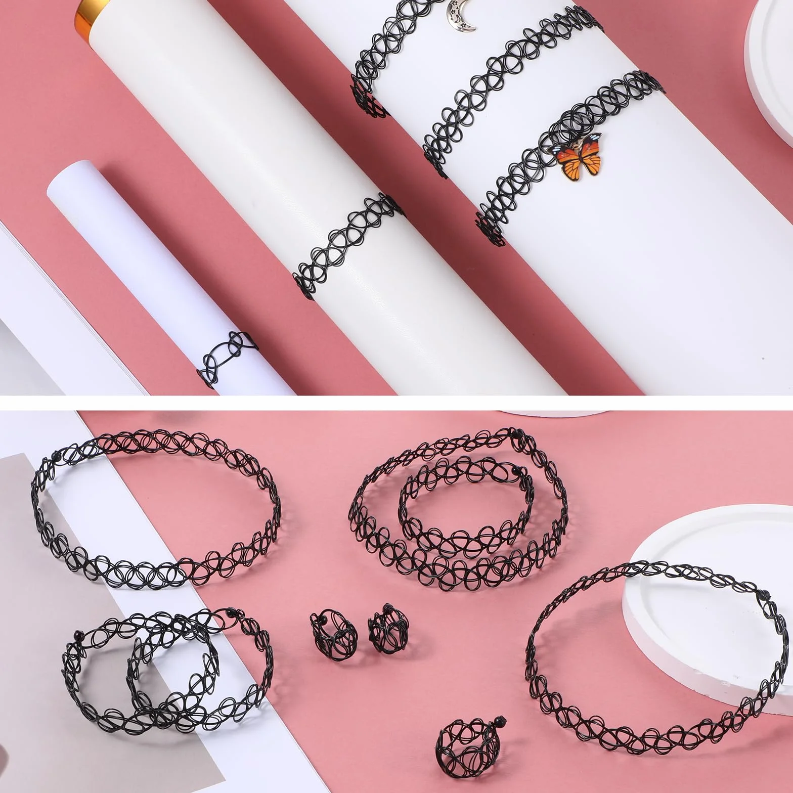Andibro 12 sztuk zestaw rozciągliwych naszyjników, 4 zestawy rozciągliwe naszyjniki choker z tatuażem, bransoletki, pierścionki damskie, vintage punk gothic, naszyjnik z tatuażem, gumowy, z lat 90
