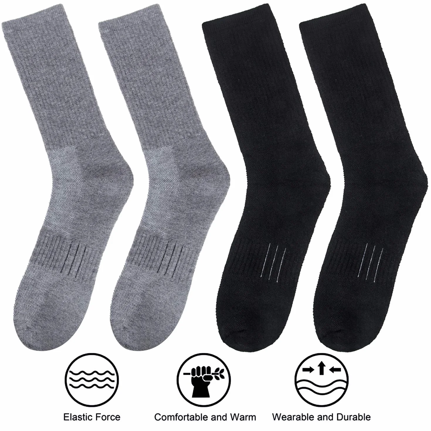 Chalier Cozy 80% skarpety z wełny merynosów, 2 pary, męskie, termiczne, sportowe, grube, ciepłe, zimowe, rekreacja, spacery na świeżym powietrzu, wędrówki, trekking, wspinaczka, Szary/czarny, 40-43 EU