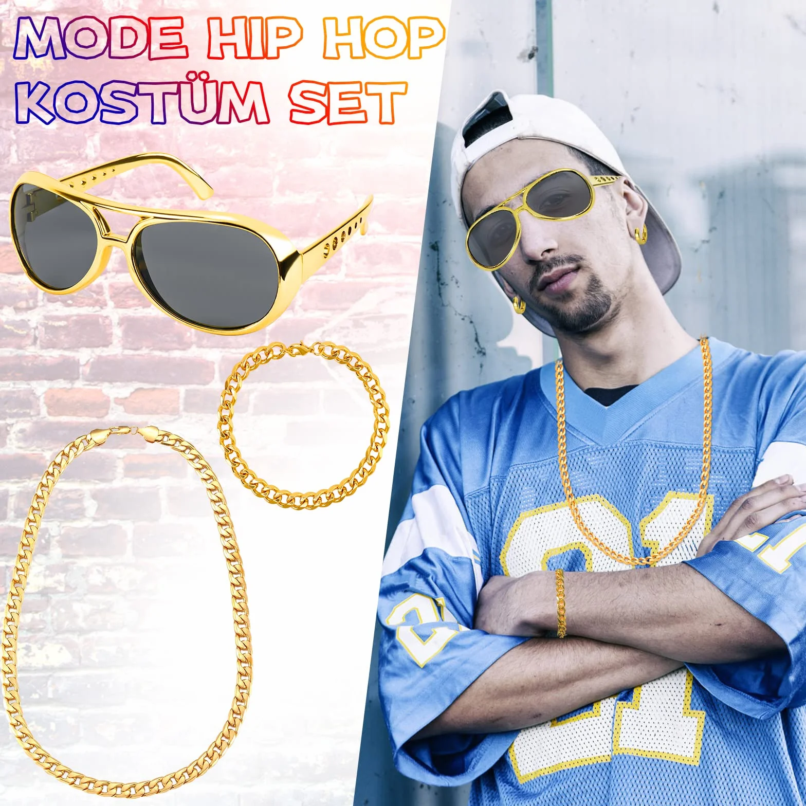 Dreamtop Dollar zestaw łańcuszków hiphopowych kostium złoty dolar wisiorek złoty łańcuszek, pierścionek, okulary przeciwsłoneczne, kapelusz rybaka w stylu lat 80-tych 90., kostium a, złoty