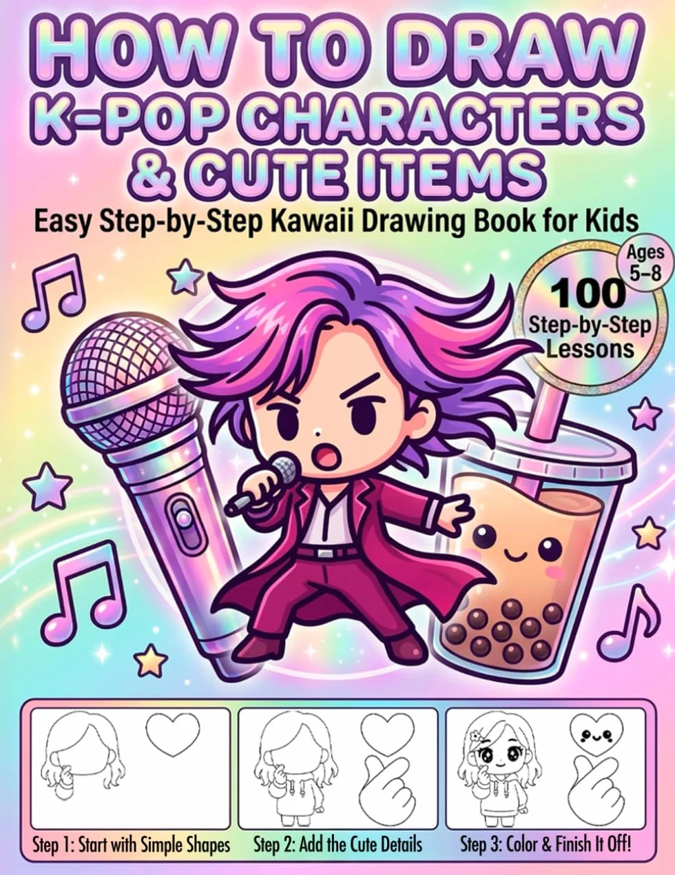 How to Draw K-Pop Characters and Cute Items: Easy Step-by-Step Kawaii Drawing Book for Kids Ages 5–8 | Learn to Draw Idols, Fashion, Accessories, Music Items and More