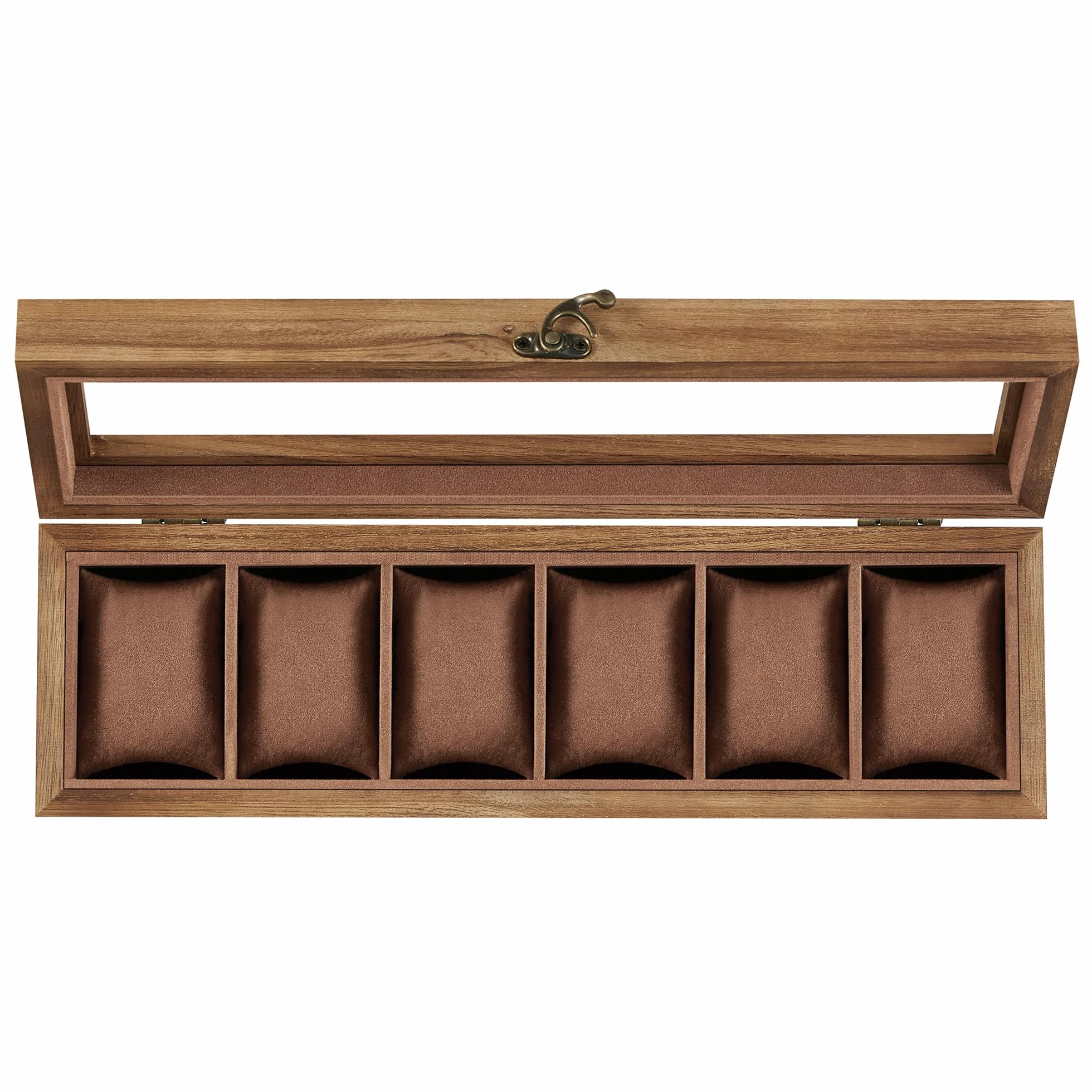 SONGMICS JOW006K01 Pudełko na zegarki z 6 przegródkami, etui z litego drewna, pudełko na zegarki z wyjmowanymi poduszkami, pomysł na prezent, rustykalny orzech