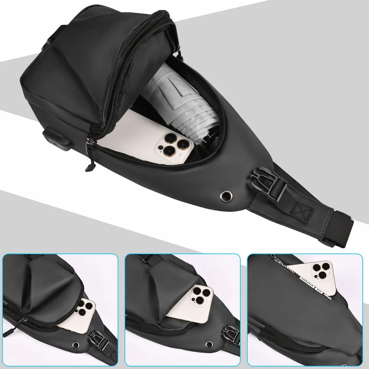 Aucuu męska torba na klatkę piersiową, torba na ramię z portem USB do ładowania, wodoodporna torba na ramię, torba na piersi Crossbody (z USB*1), #2 Szary