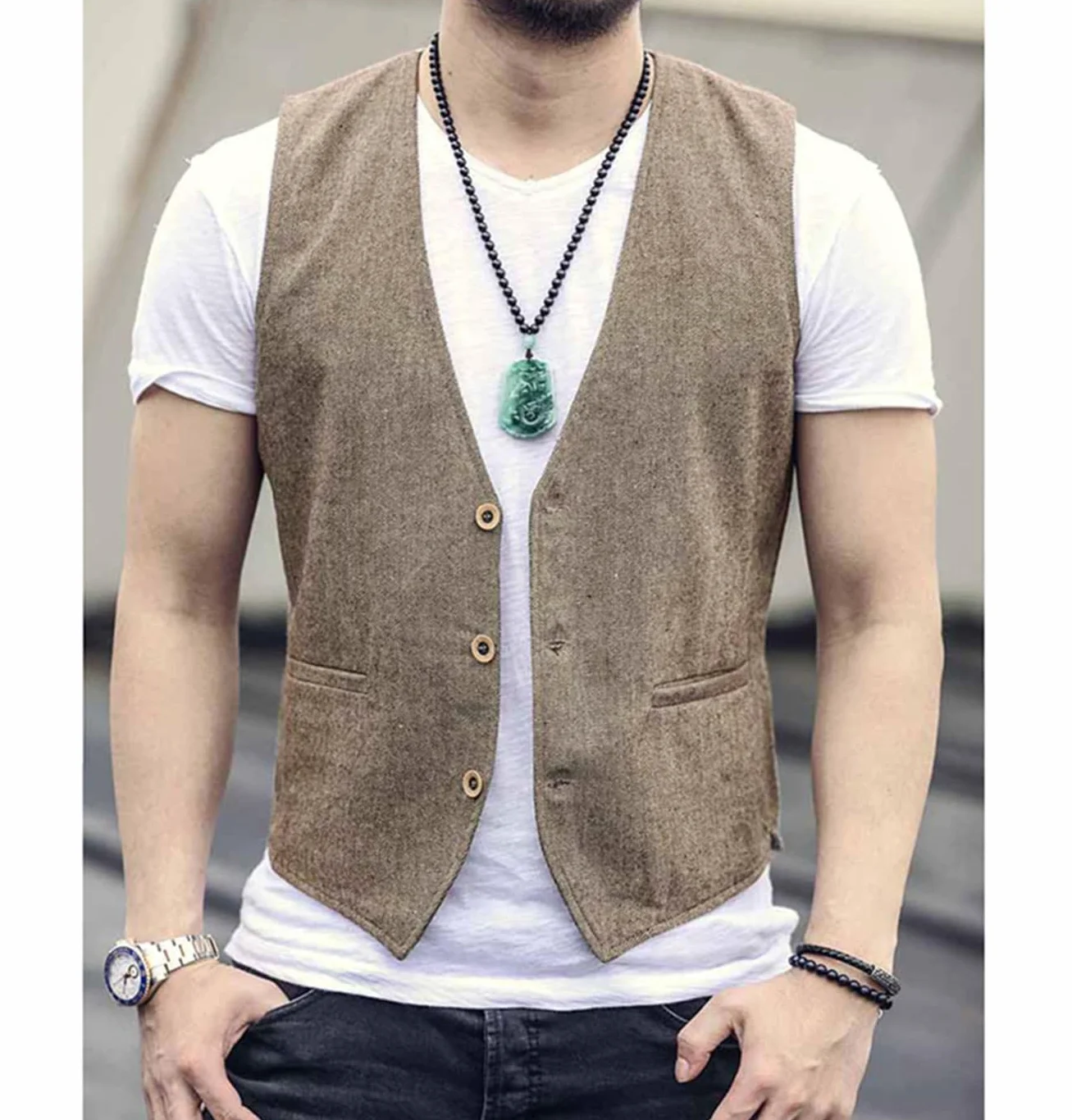 Męska Letnia Kamizelka Lniana Garniturowa Casual Regular Fit