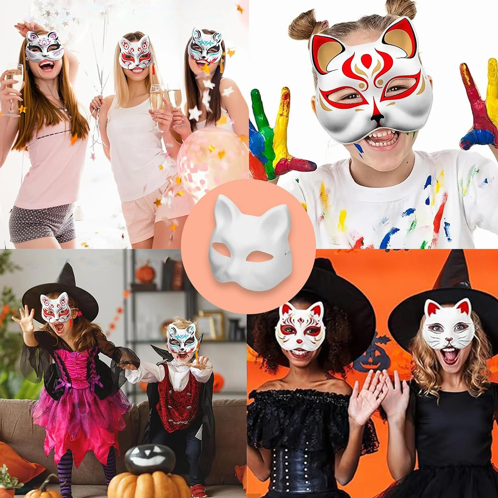 12 masek dla kotów, maska Therian, maska lisa, białe maski do malowania, maska papierowa DIY, pusta maska z kotem na Halloween, cosplay, maskaradę, imprezę, bal maskowy, niepomalowane