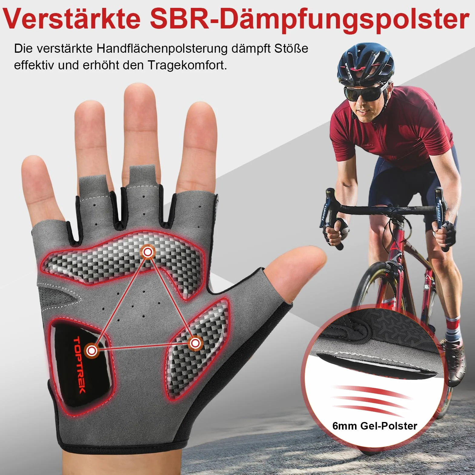 toptrek Rękawiczki rowerowe dla mężczyzn i kobiet, rękawice MTB 6 mm, wyściełane SBR - oddychające półpalce, na lato, antypoślizgowe i amortyzujące uderzenia rękawice rowerowe do rowerów wyścigowych