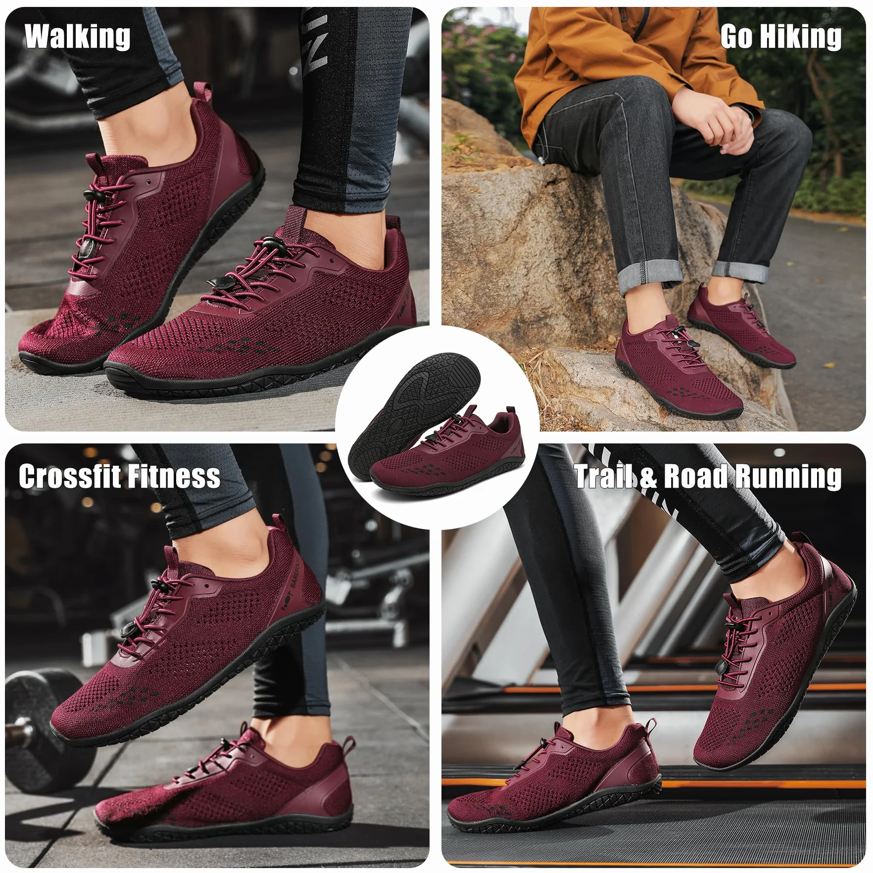 Geweo Buty Barefoot Męskie i Damskie Lekkie Wygodne Buty Sportowe Treningow z Szeroką Skrzynią na Palce Oddychające Buty do Biegania, do CrossFit z podeszwą Zero-Drop Unisex Burgund Czerwony 42EU