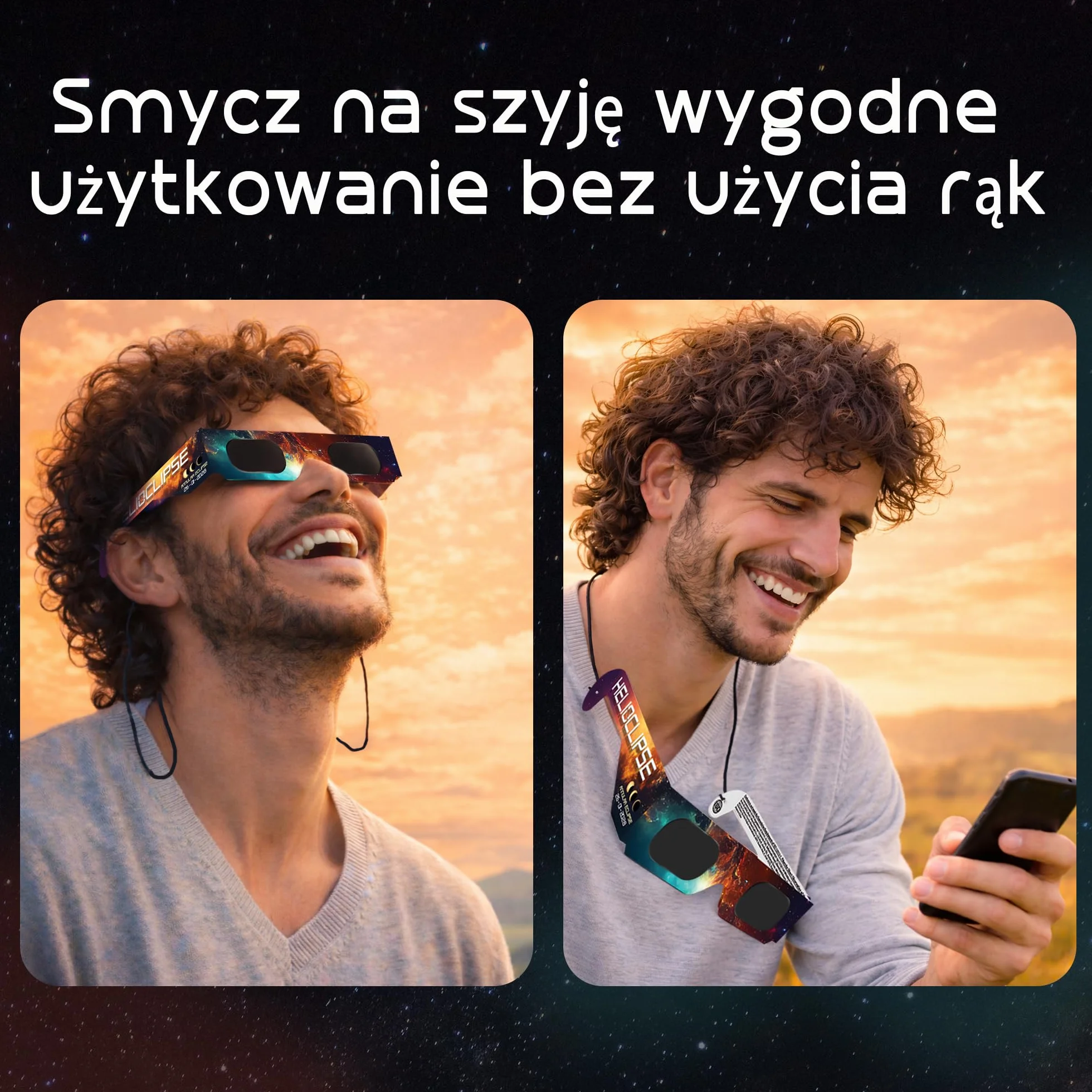 Okulary do oglądania zaćmienia Słońca Helioclipse 6 szt. 2026 - Przeznaczone do bezpiecznego oglądania zaćmienia Słońca - Zestaw 6 szt. - Bonus 1x filtr do telefonu