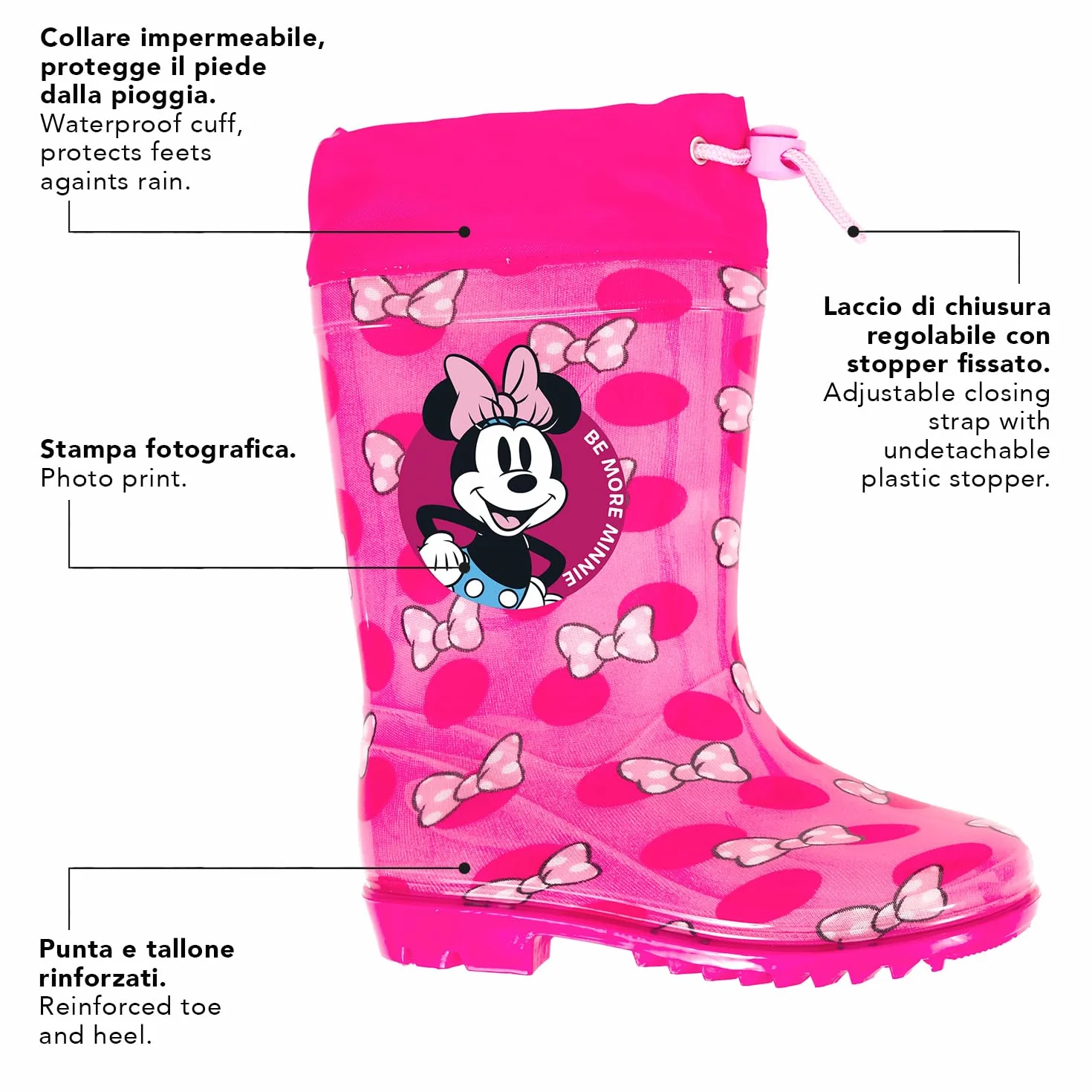 PERLETTI Kalosze Przeciwdeszczowe Minnie Mouse dla Dziewczynek - Wodoodporne Kalosze Dziecięce Disney z Antypoślizgową Podeszwą - Różowe na Deszcz z Kokardkami i Ściągaczem