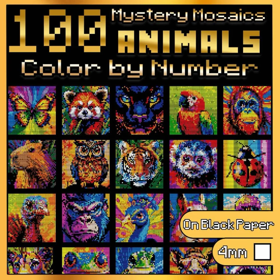 100 Color by Number Animals: Mystery Mosaics: Animal Coloring Book for Adults with Dazzling Hidden Images, Color Quest on Black Paper