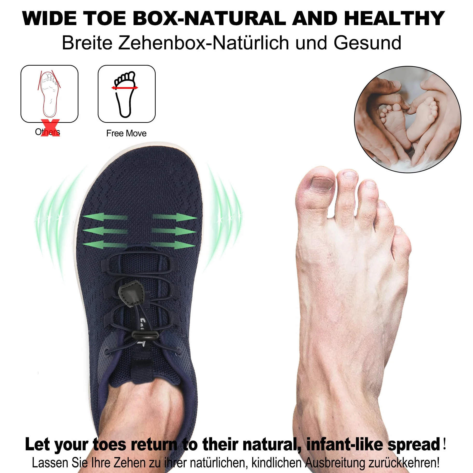 Geweo Buty Barefoot Mężczyźni Kobiety Lato Barefoot Shoes Szeroką Skrzynką na Palce Lato Oddychające Buty do Biegania Buty do Treningu Lekkie Wygodne Buty Fitness Sneaker Unisex Ciemnoniebieski 43EU