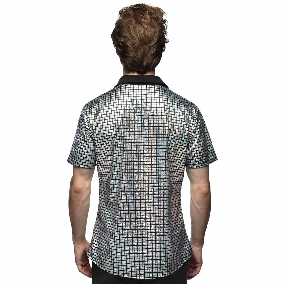 Boland - Disco Shirt, Silver, Disco Diamond Shirt, koszula męska z krótkim rękawem, koszula męska, top, koszula imprezowa na karnawał lub bal przebierańców