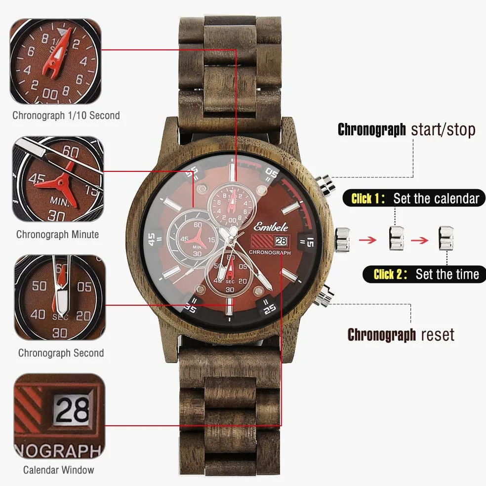 Emibele Męski drewniany zegarek, stylowy chronograf, chronograf, wojskowy kwarcowy zegarek na rękę, 3 sub-tarcze, ręcznie robiony, na co dzień, lekki, świecący zegarek, prezent dla mężczyzn, rodziny,