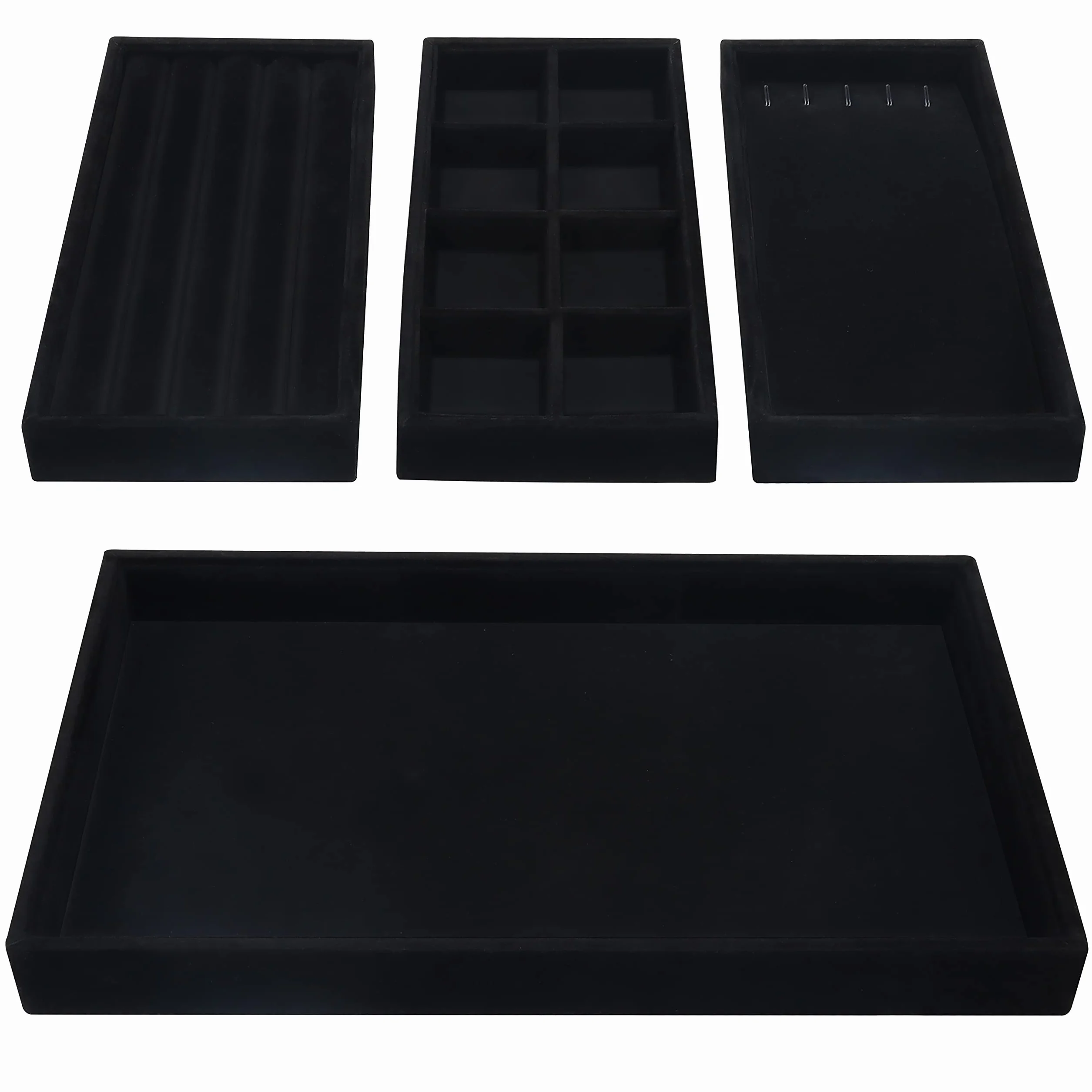 Belle Vous Czarne Aksamitne Tacki Organizery na Biżuterię (4 Sztuki) - 35,3 x 24,2 cm - Pudełka do Prezentacji - Ruchome Sekcje na Naszyjniki, Pierścionki, Bransoletki i Kolczyki