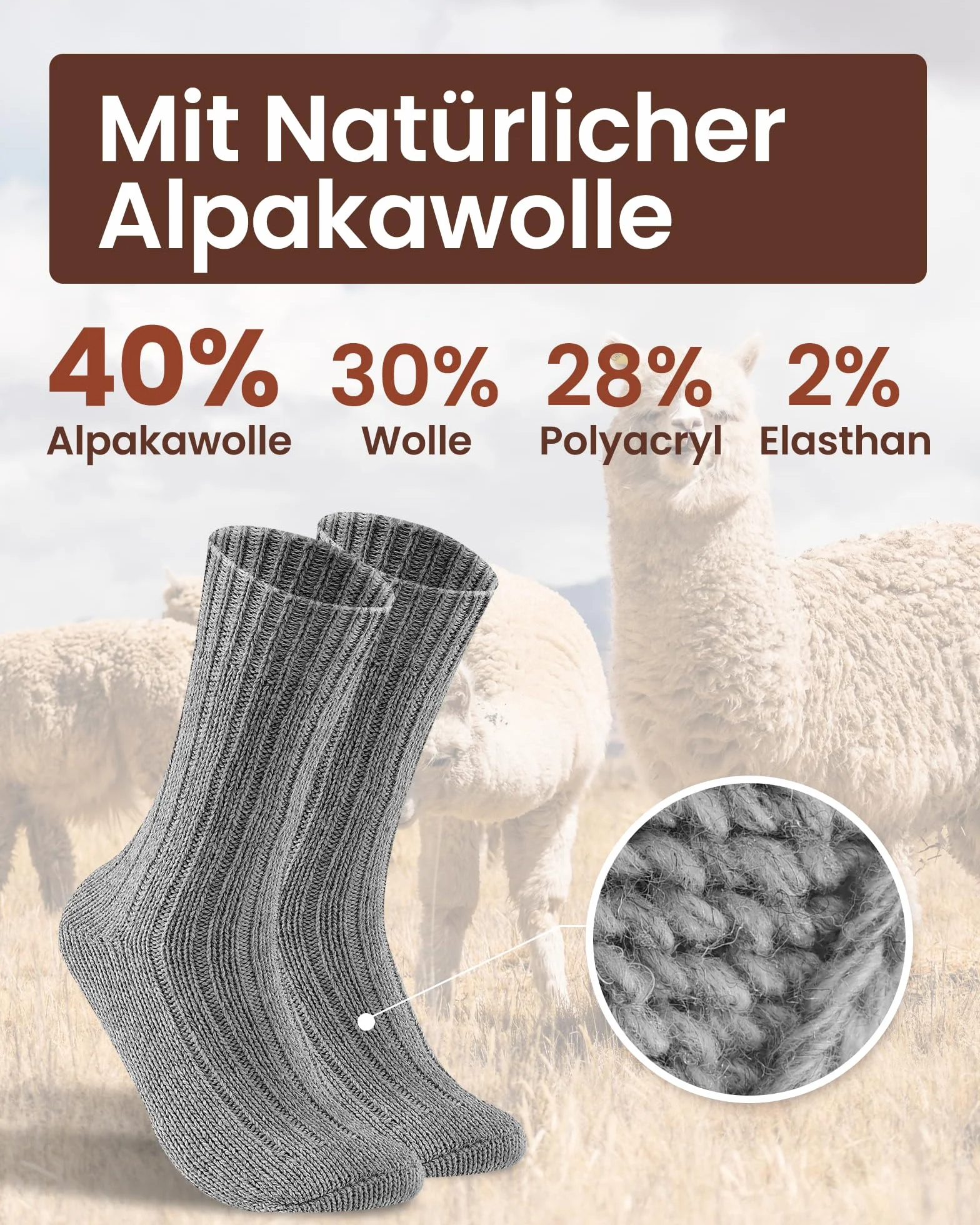 SockWaddles–4 Pary Skarpetek z Alpaki, Uniwersalne, Przepuszczalne, Ciepłe i Grube, Ekstremalnie Ciepłe Skarpetki Zimowe, z Alpaką Wełną,Rozmiar 39-42 43-46