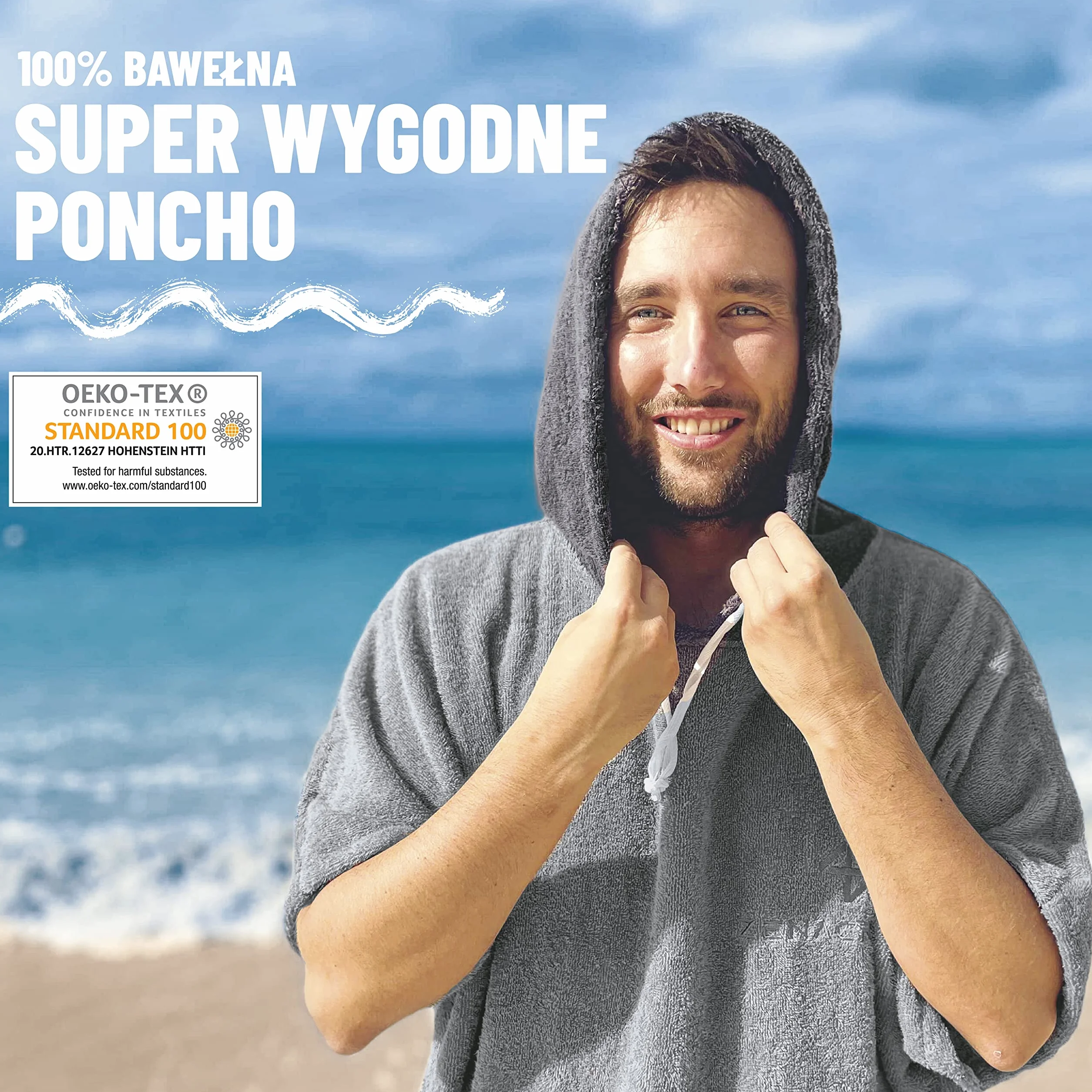 Poncho kąpielowe i sportowe - L/XL - 100% bawełna frotte - damskie poncho, męskie poncho, dla dorosłych i dzieci - idealne na plażę, basen i basen oraz ręcznik - jasnoszare
