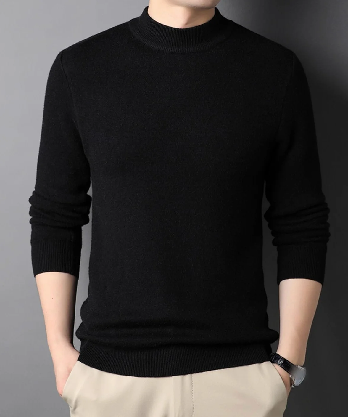 Męski sweter z półgolfem w jednolitym kolorze, męski sweter Basic Slim Fit, męski sweter z długim rękawem na co dzień z dzianiny