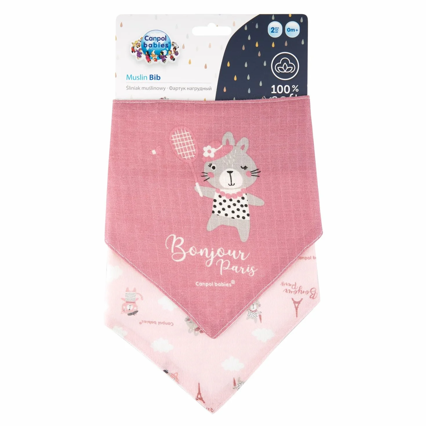 Canpol Baby Muslin, bawełna, bandana, chusta na szyję, zestaw 2 szt. Bonjour Paris (różowy)