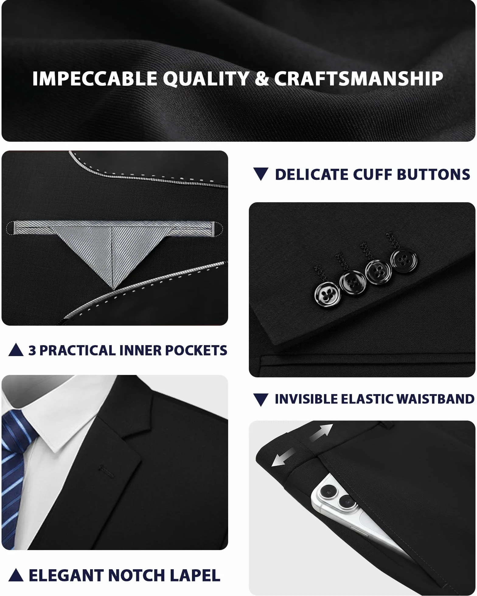 Cooper & Nelson Męski garnitur slim fit, 3-częściowe garnitury dla mężczyzn, jednokolorowa kurtka z jednym guzikiem, kamizelka spodnie z krawatem, zestaw smokingowy
