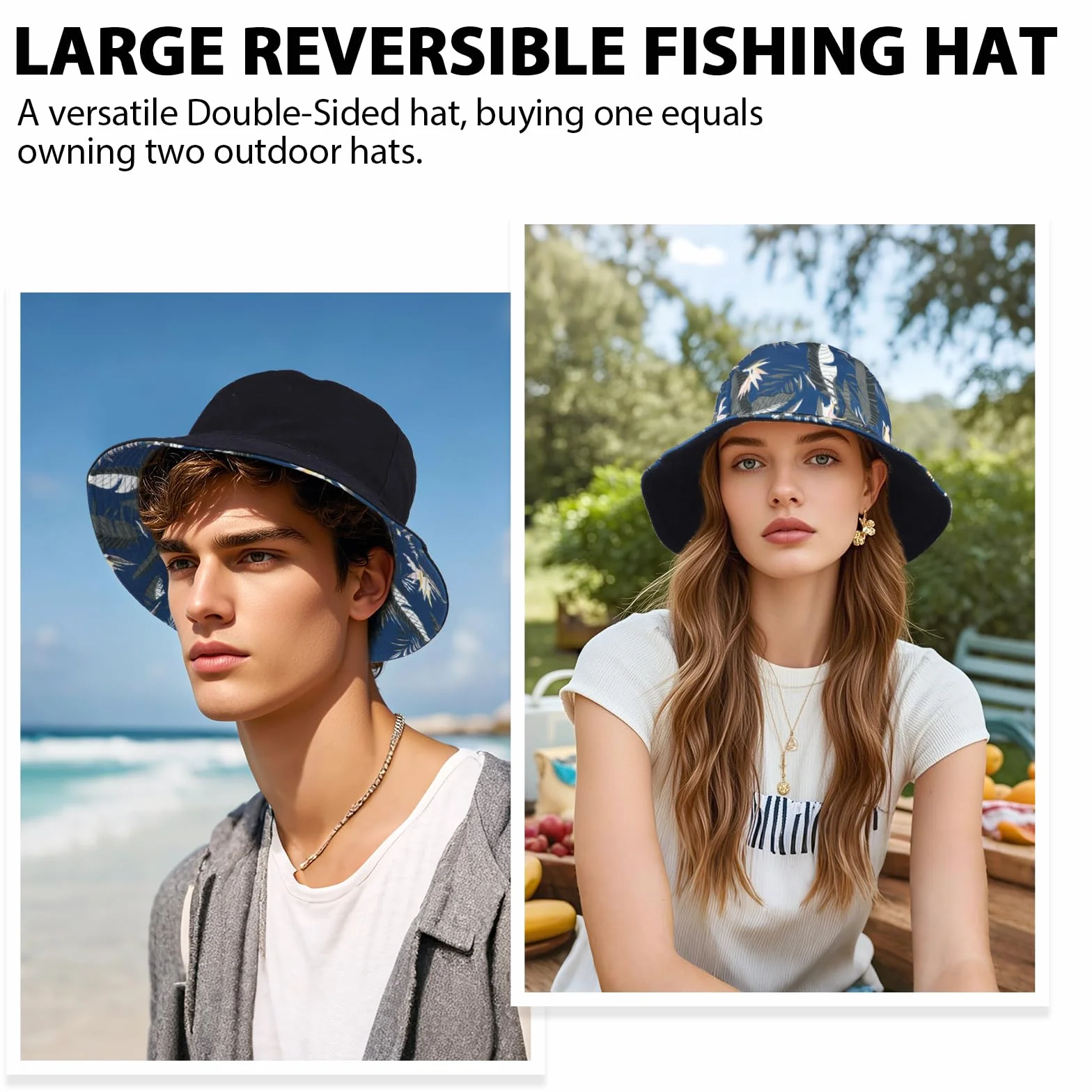 XX-duży dwustronny kapelusz typu bucket unisex, modny nadruk duży rozmiar bawełniany letni kapelusz przeciwsłoneczny kapelusz wędkarski, ochrona przed promieniowaniem UV, lekka czapka plażowa