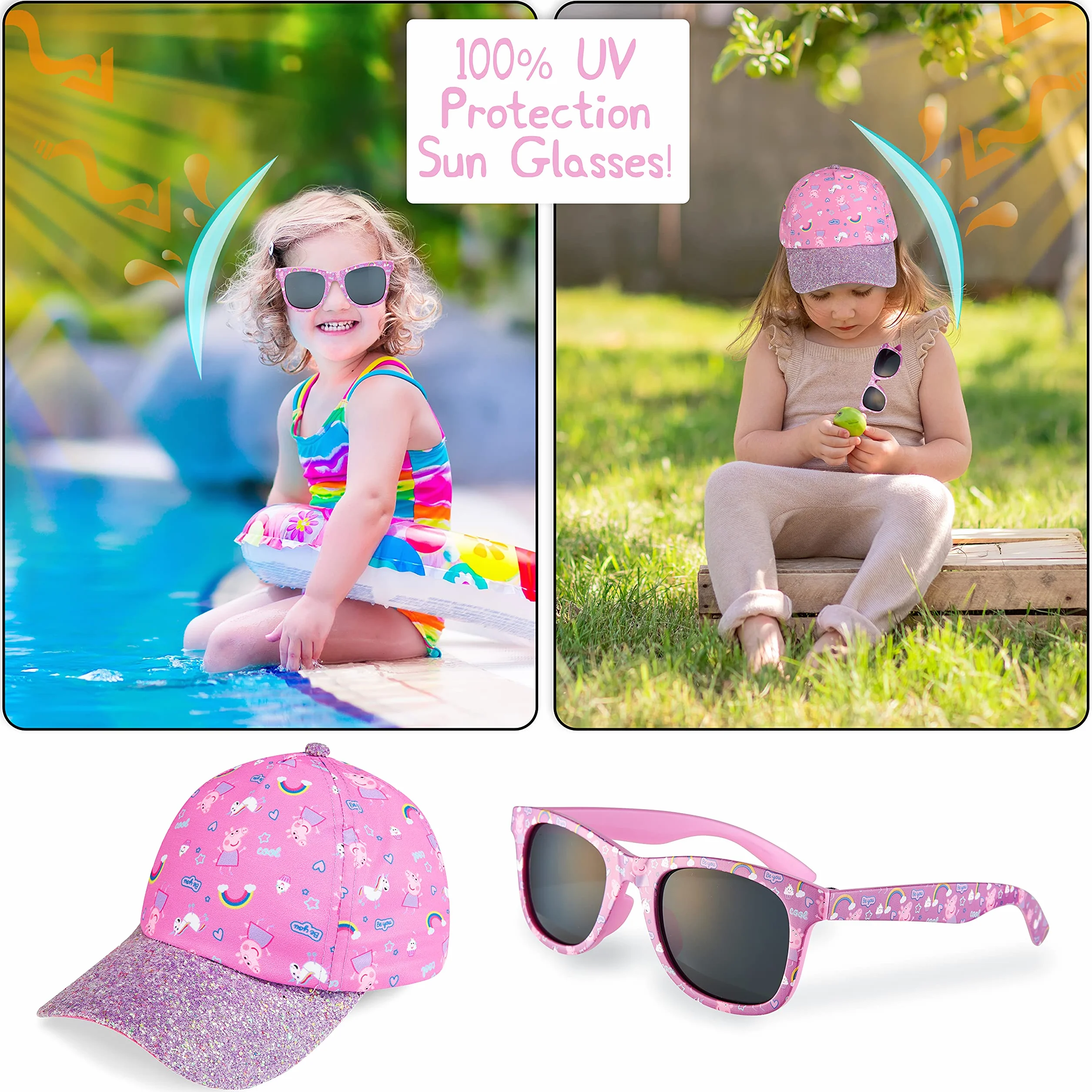 Peppa Pig Okulary przeciwsłoneczne czapka z daszkiem zestaw akcesoriów dla dziewczynek lato tęczowy jednorożec kapelusz przeciwsłoneczny 100% UV dzieci okulary przeciwsłoneczne plaża wakacje, różowy