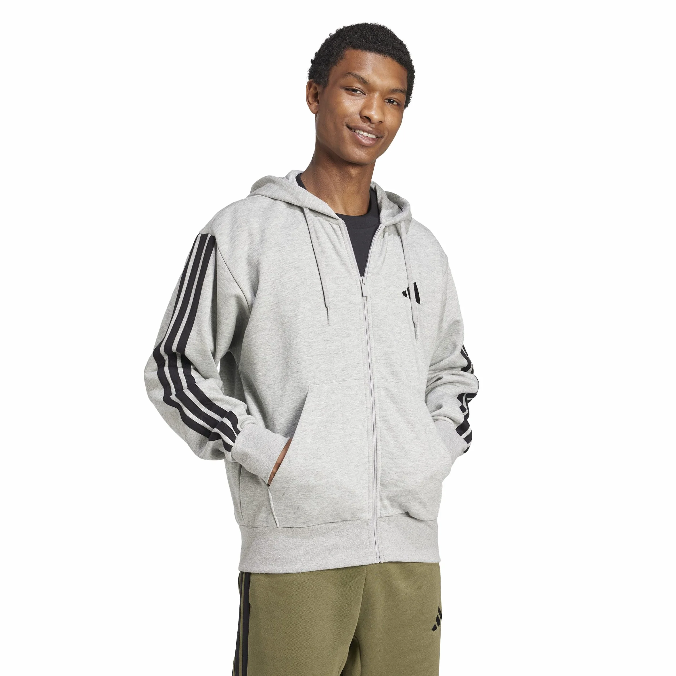 adidas Mężczyźni ESSENTIAL THREE STRIPES FLEECE ZIPPER HOODIE, medium grey heather/black, L