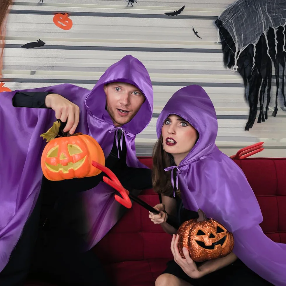 Aomig Czarna peleryna z kapturem na Halloween dla dorosłych, długa peleryna z kapturem, czarownica, akcesoria do cosplay, tajemniczy czarodziej, bajkowy, fantazyjny kostium, Halloween, maskarada