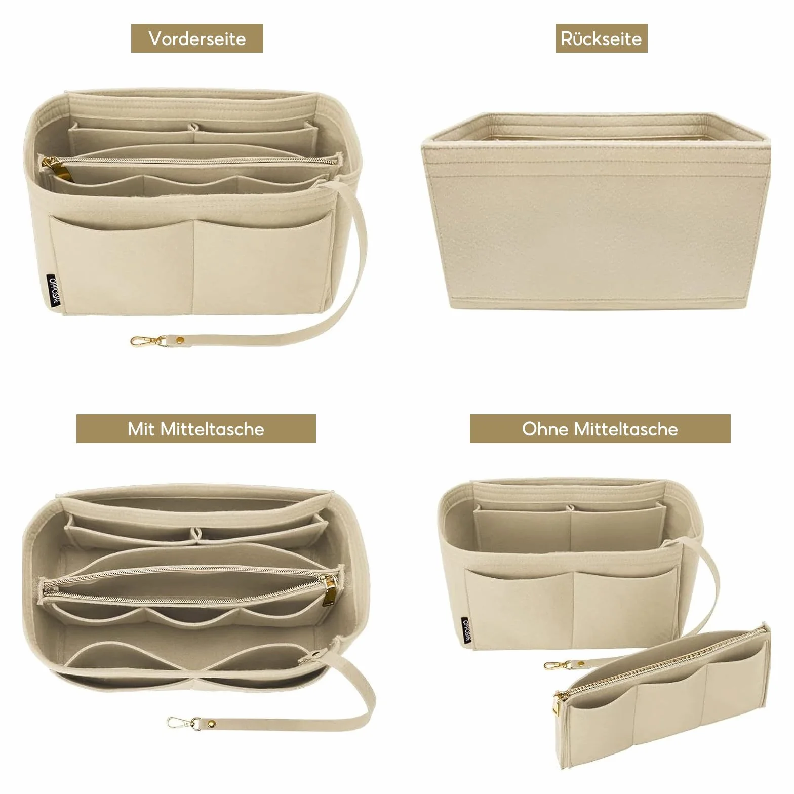 Beżowy filcowy organizer do torebki, wielofunkcyjna kosmetyczka, organizer do torebki, 2 w 1 wkład z oddzielnymi kieszonkami do torebek dla kobiet, średni (27 * 16 * 16 cm)
