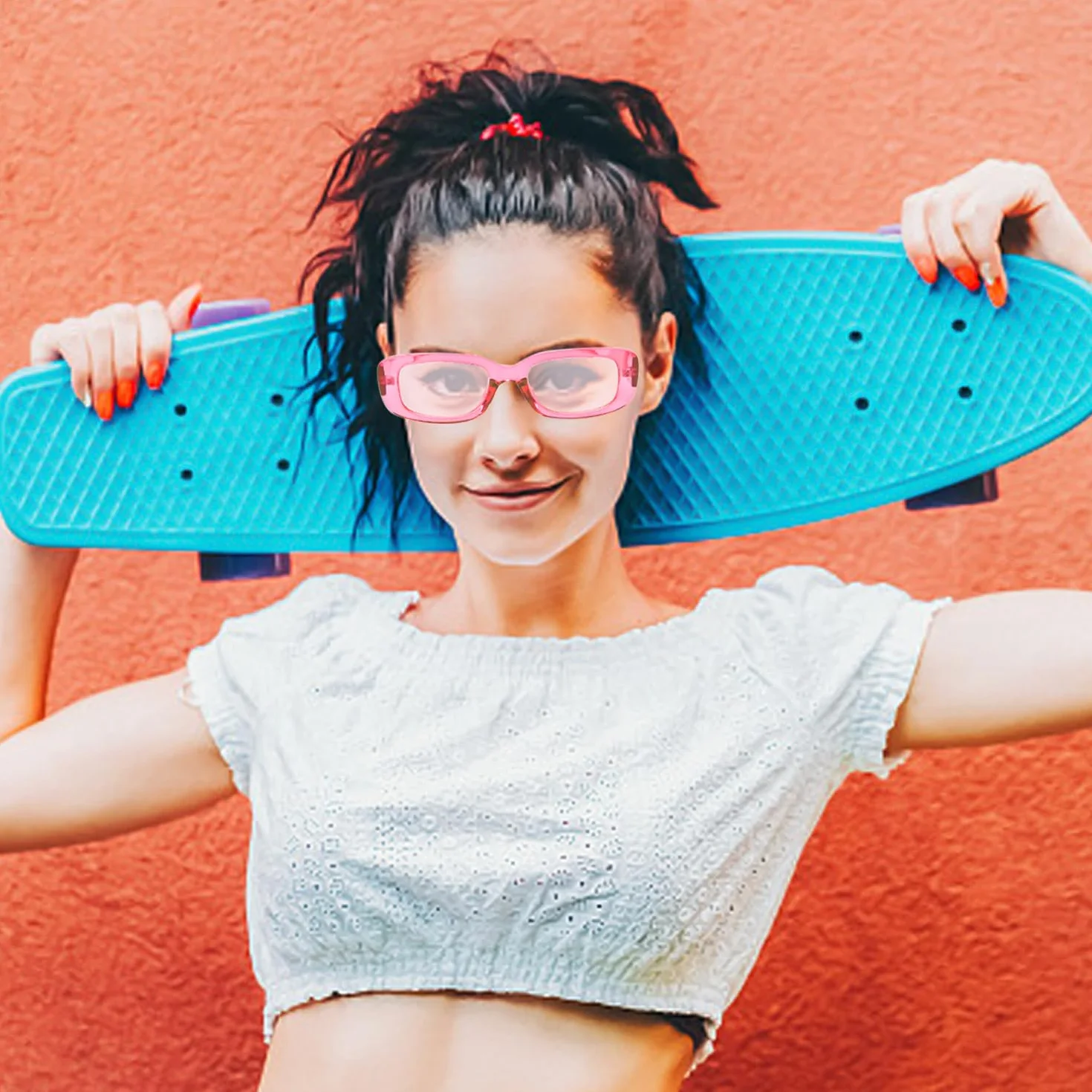 1 różowe okulary i 1 torba na okulary, modne okulary przeciwsłoneczne, prostokątne okulary przeciwsłoneczne, okulary przeciwsłoneczne retro, akcesoria odzieżowe, Różowy, M