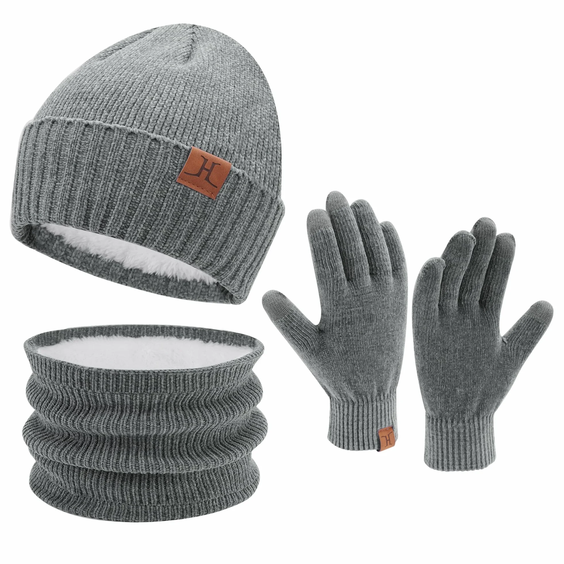 ZASFOU Damskie męskie zimowe czapki beanie szalik rękawiczki do ekranów dotykowych zestaw ciepła szenilowa polarowa czapka z czaszką ocieplacz na szyję prezenty dla kobiet mężczyzn