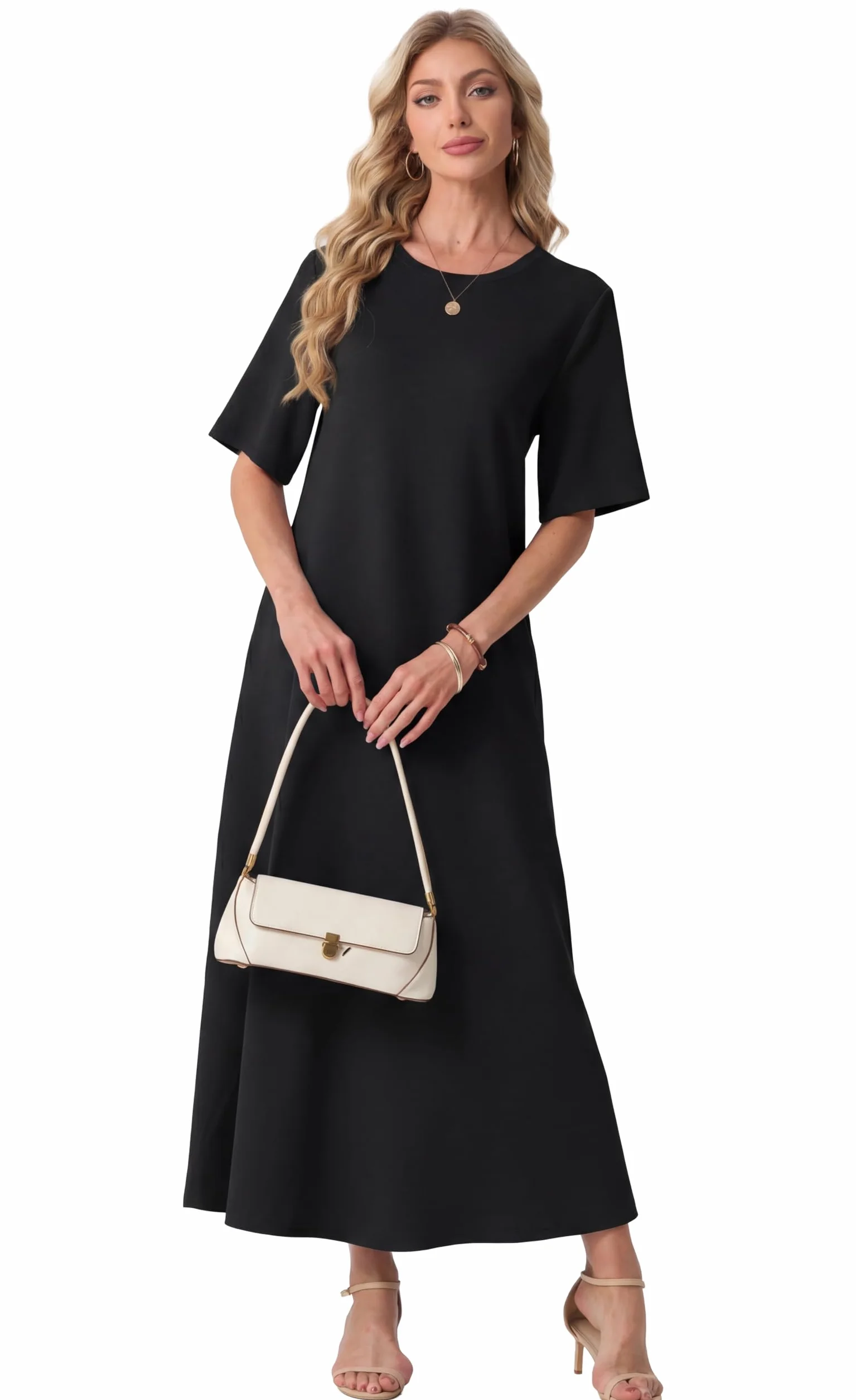 GRECERELLE Damskie letnie sukienki UK sukienka maxi z krótkim rękawem z kieszeniami damskie eleganckie sukienki świąteczne na co dzień dla kobiet oddychająca sukienka przeciwsłoneczna