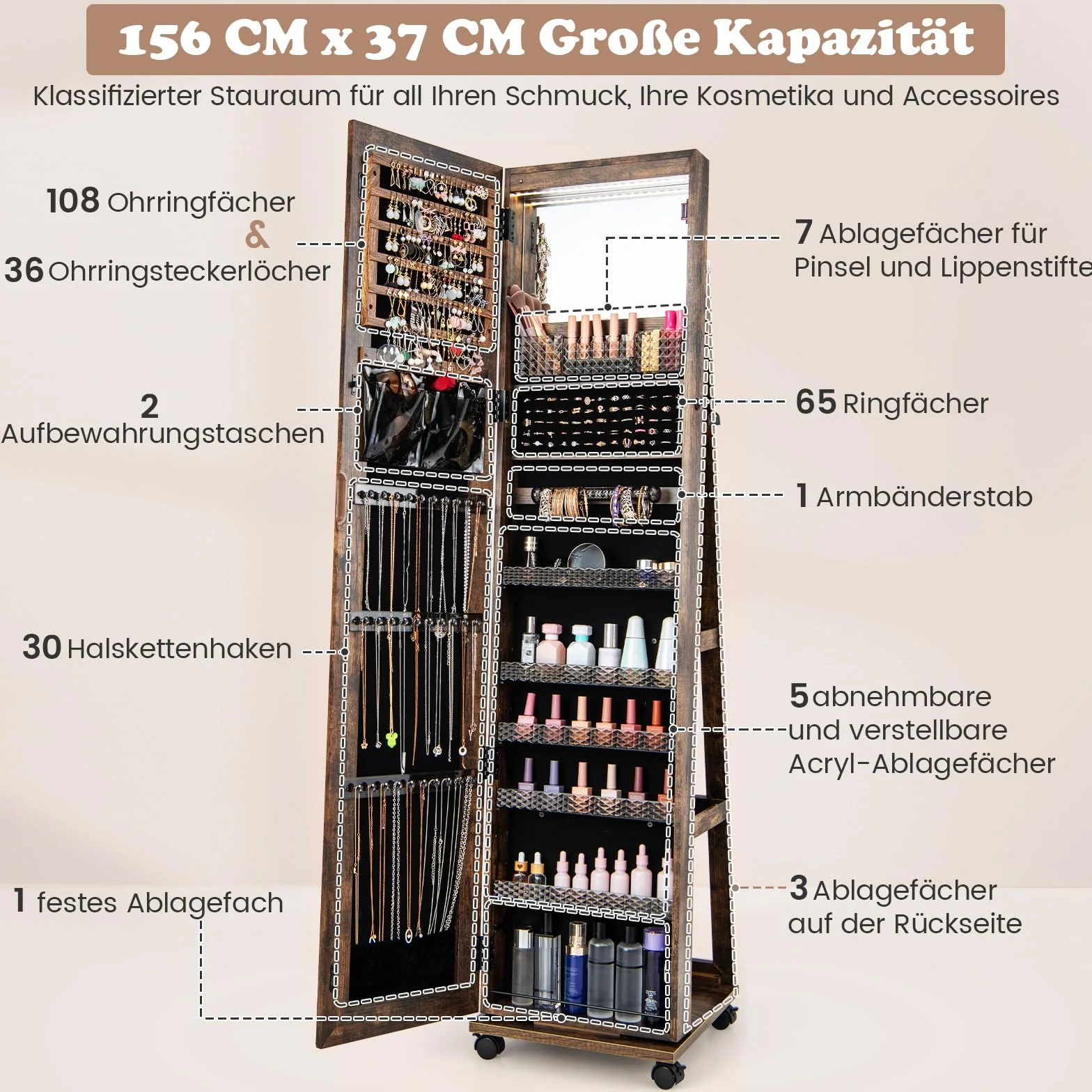 COSTWAY Szafka na biżuterię na kółkach, z lustrem LED i regulowanymi półkami, na łańcuszki, kolczyki, kosmetyki